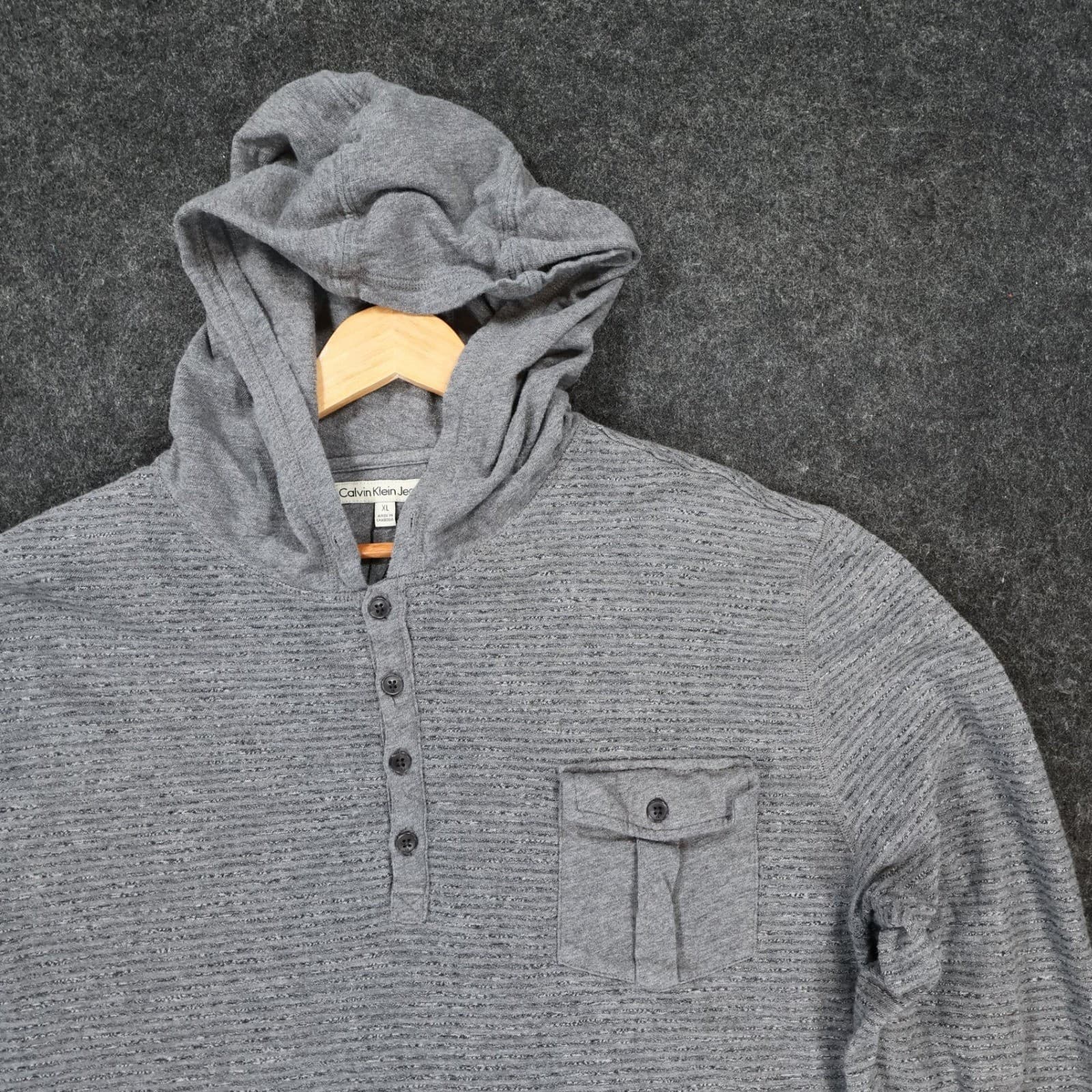 Calvin Klein Jeans Hoodie Mens XL Gray Excellent Henley Pocket Striped - Thumbnail 8