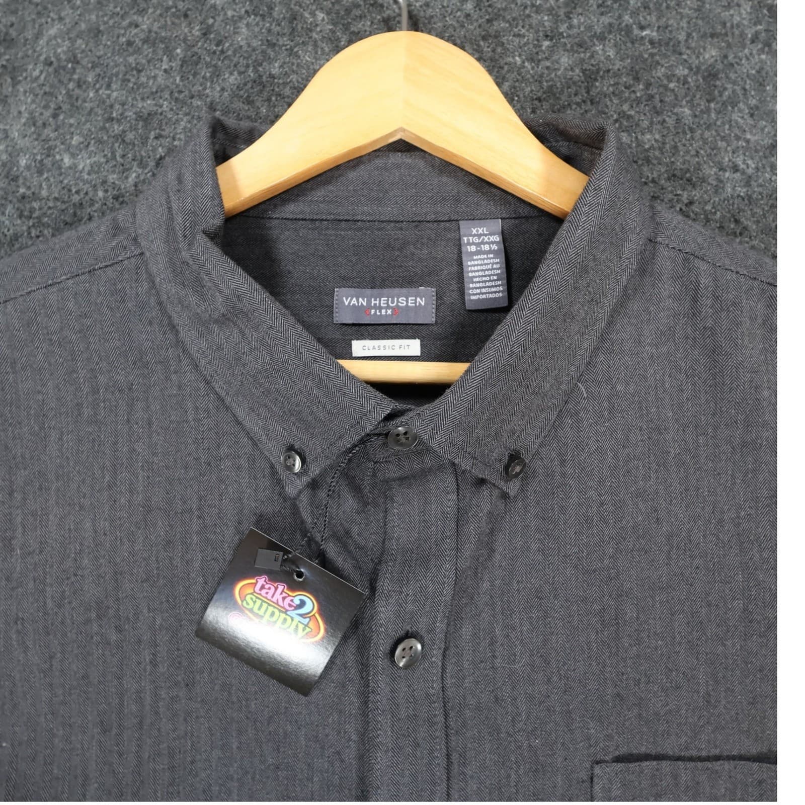 Van Heusen Button Up Mens XXL Gray Excellent Herringbone Long Sleeve Flex Shirt - Thumbnail 9