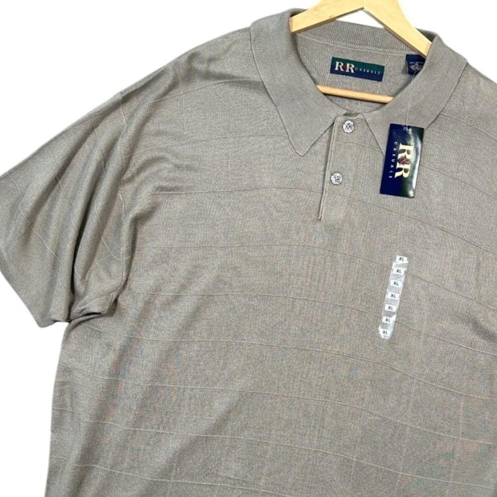 R&R Casuals Mens Tan Plaid Textured Knit Polo Shirt XL Short Sleeve NWT - Thumbnail 3