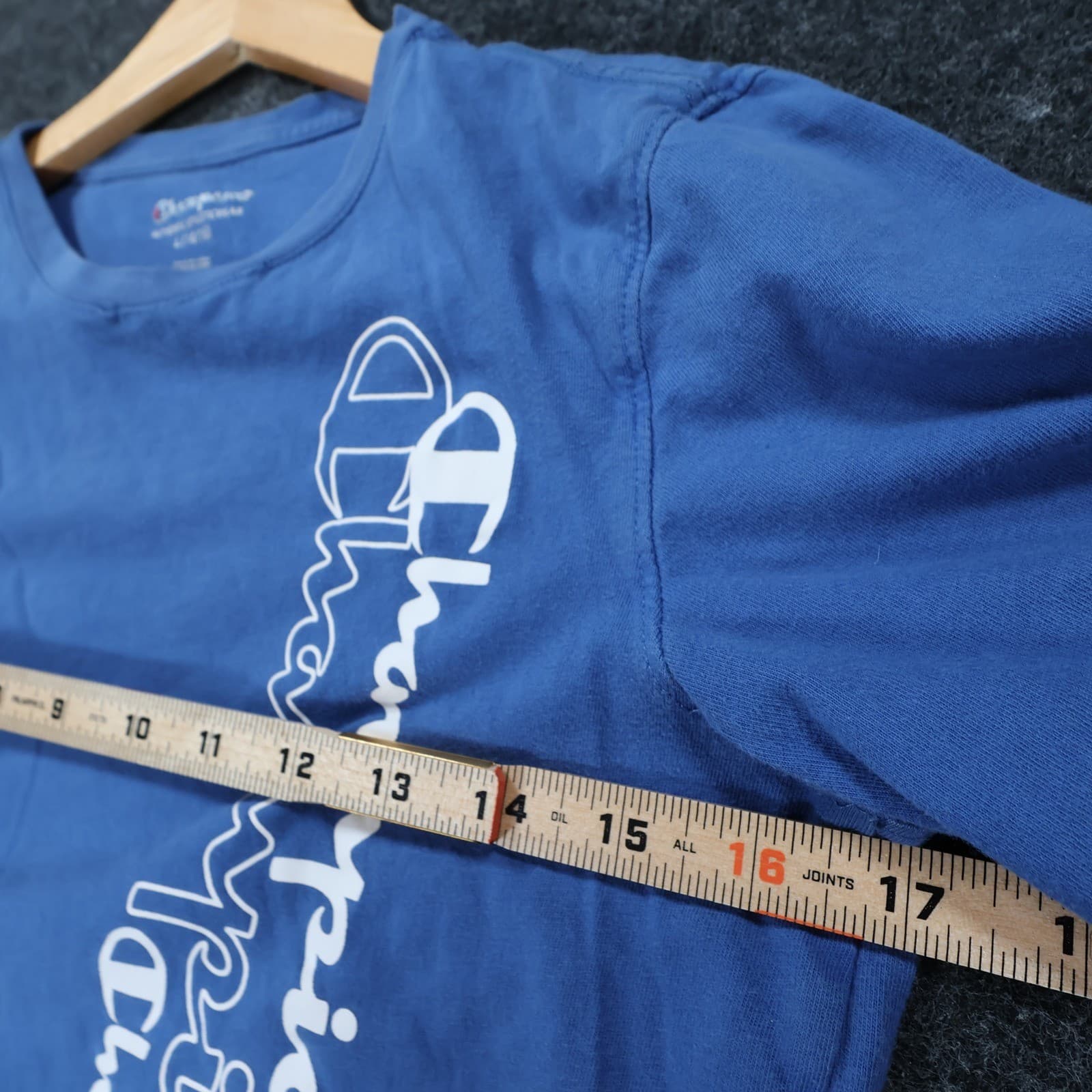Champion T Shirt Boys Large 14/16 Blue Excellent Vertical Graphic Logo - Thumbnail 3
