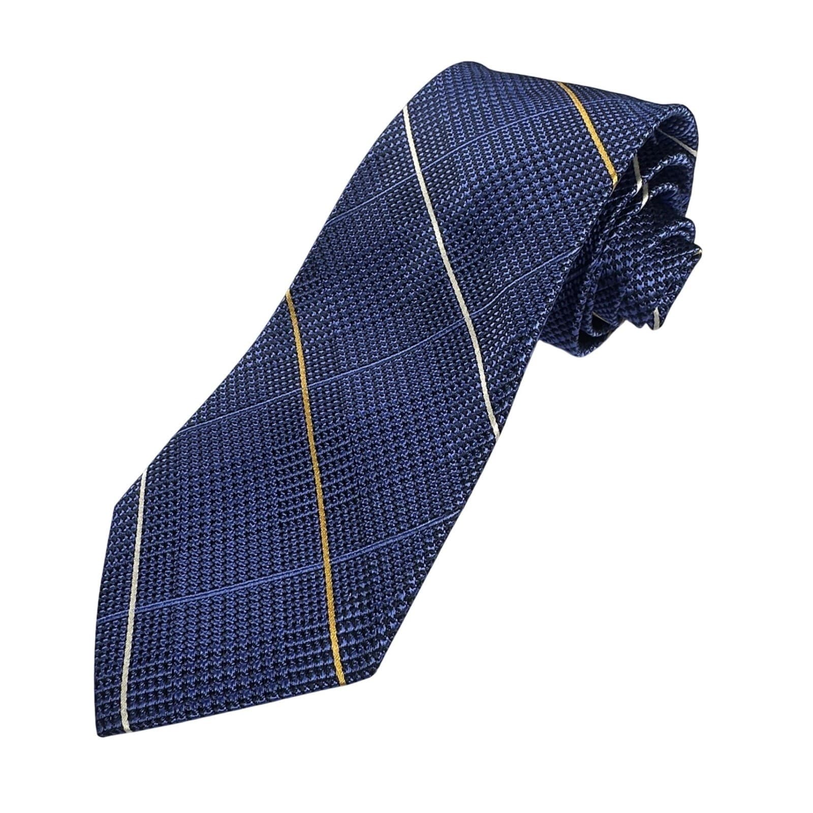 Paul Fredrick Mens Silk Blend Necktie Blue Gold White Plaid Dress Tie NWT - Thumbnail 2