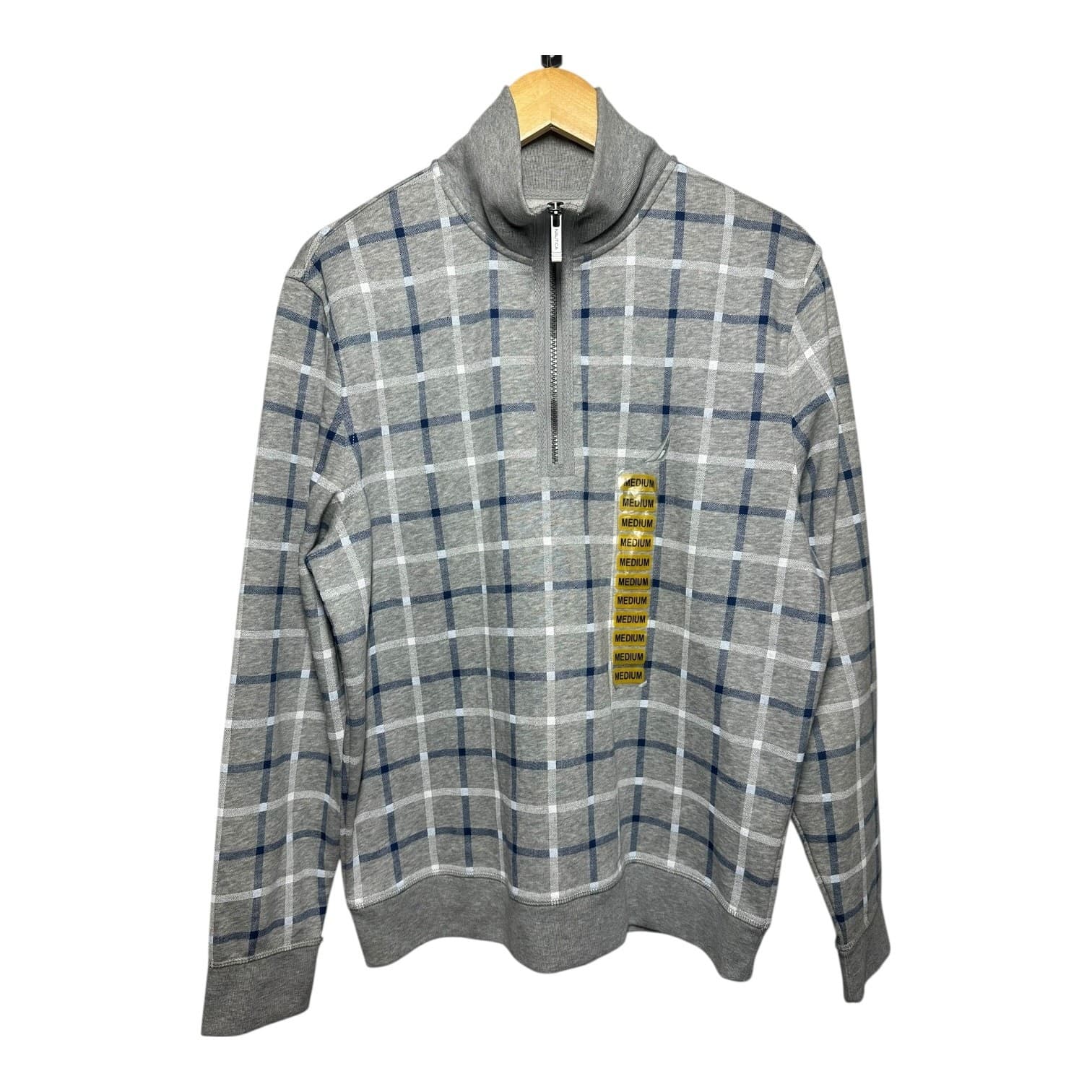 Nautica Men's Medium Grey Heather Plaid Quarter-Zip Pullover NWT - Thumbnail 2