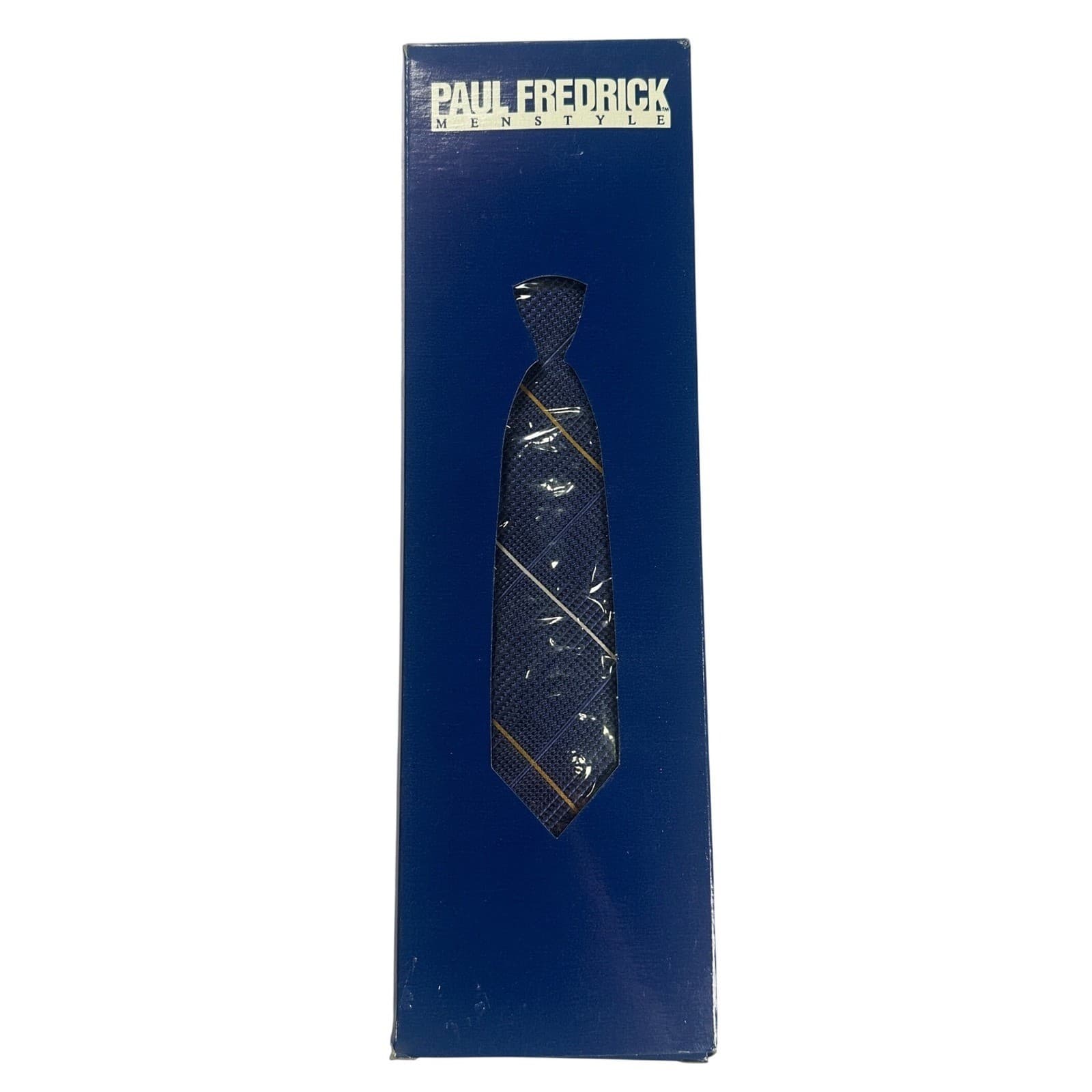 Paul Fredrick Mens Silk Blend Necktie Blue Gold White Plaid Dress Tie NWT - Thumbnail 5