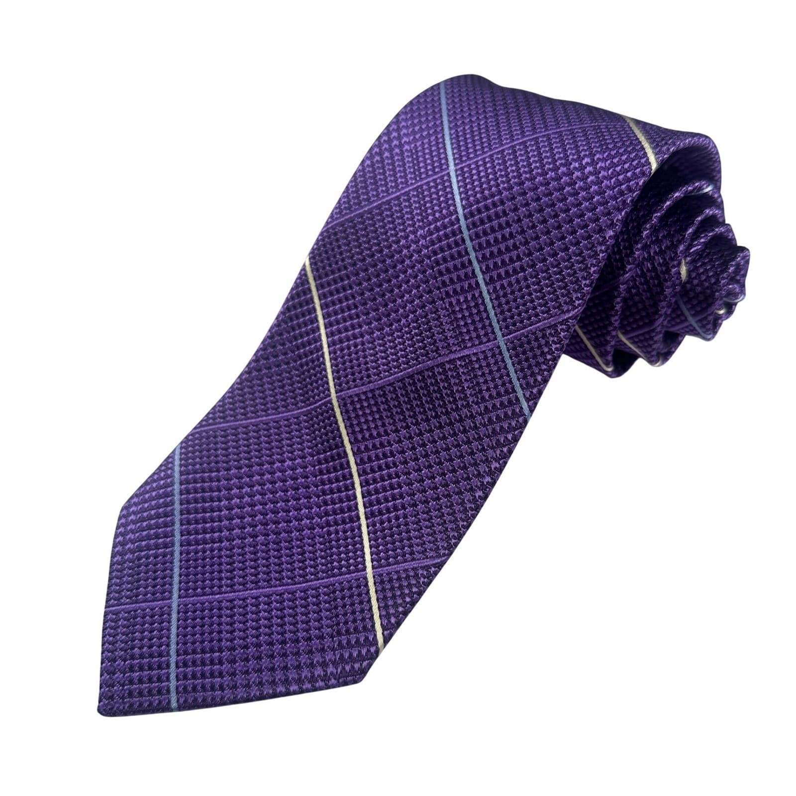 Paul Fredrick Mens Purple Grid Pattern Silk Tie Hand Made NWT - Thumbnail 2