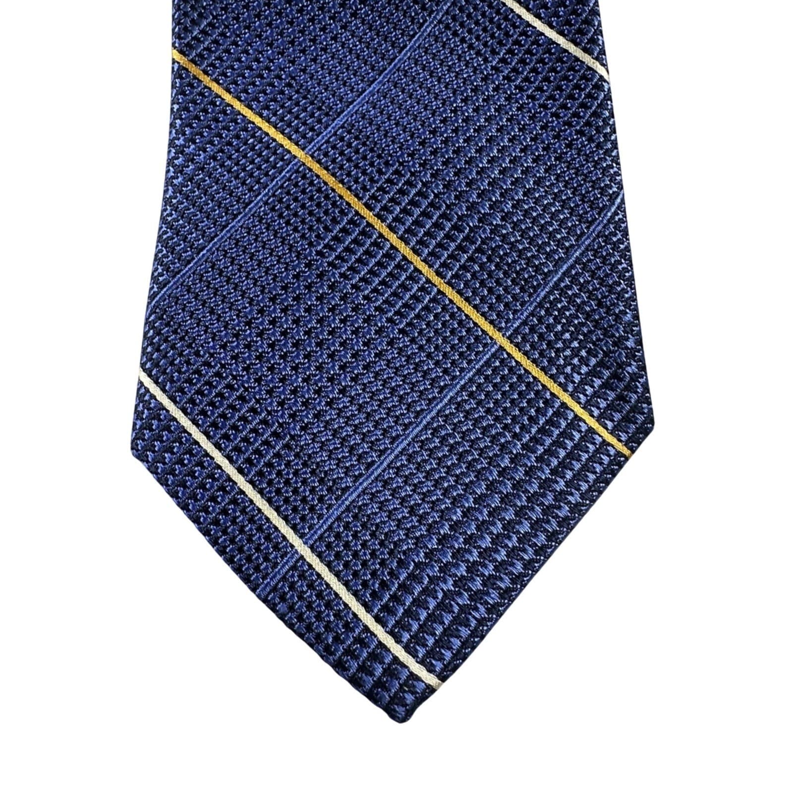 Paul Fredrick Mens Silk Blend Necktie Blue Gold White Plaid Dress Tie NWT - Thumbnail 3