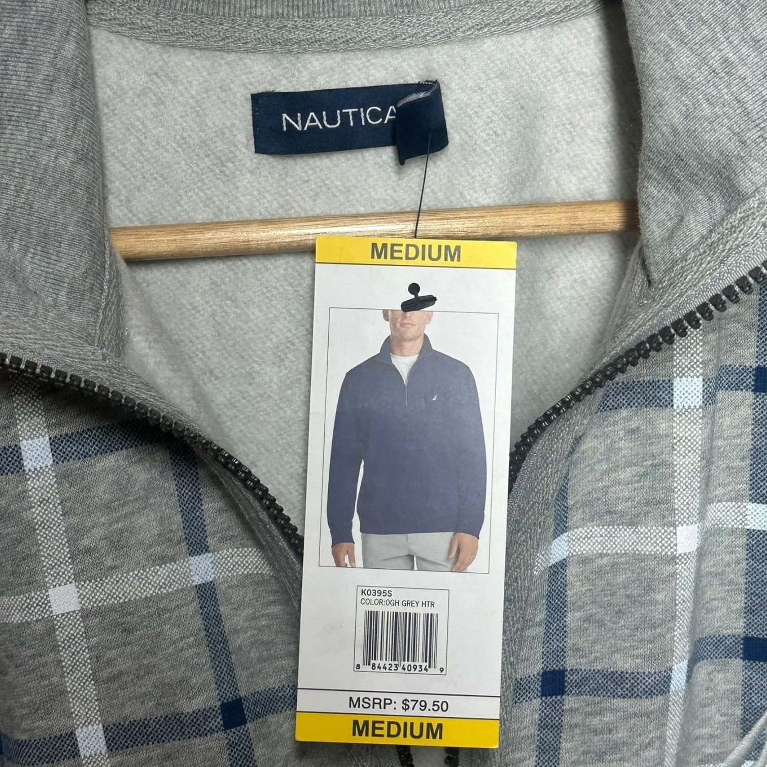 Nautica Men's Medium Grey Heather Plaid Quarter-Zip Pullover NWT - Thumbnail 4