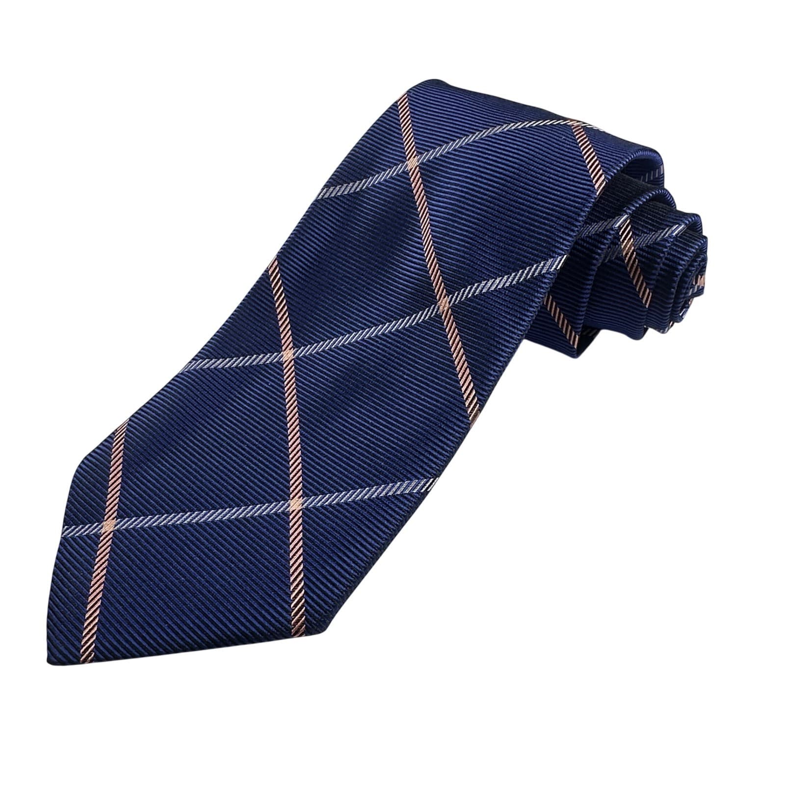 Paul Fredrick Mens Navy Blue Plaid Silk Necktie Italian Hand Tailored NWT - Thumbnail 2