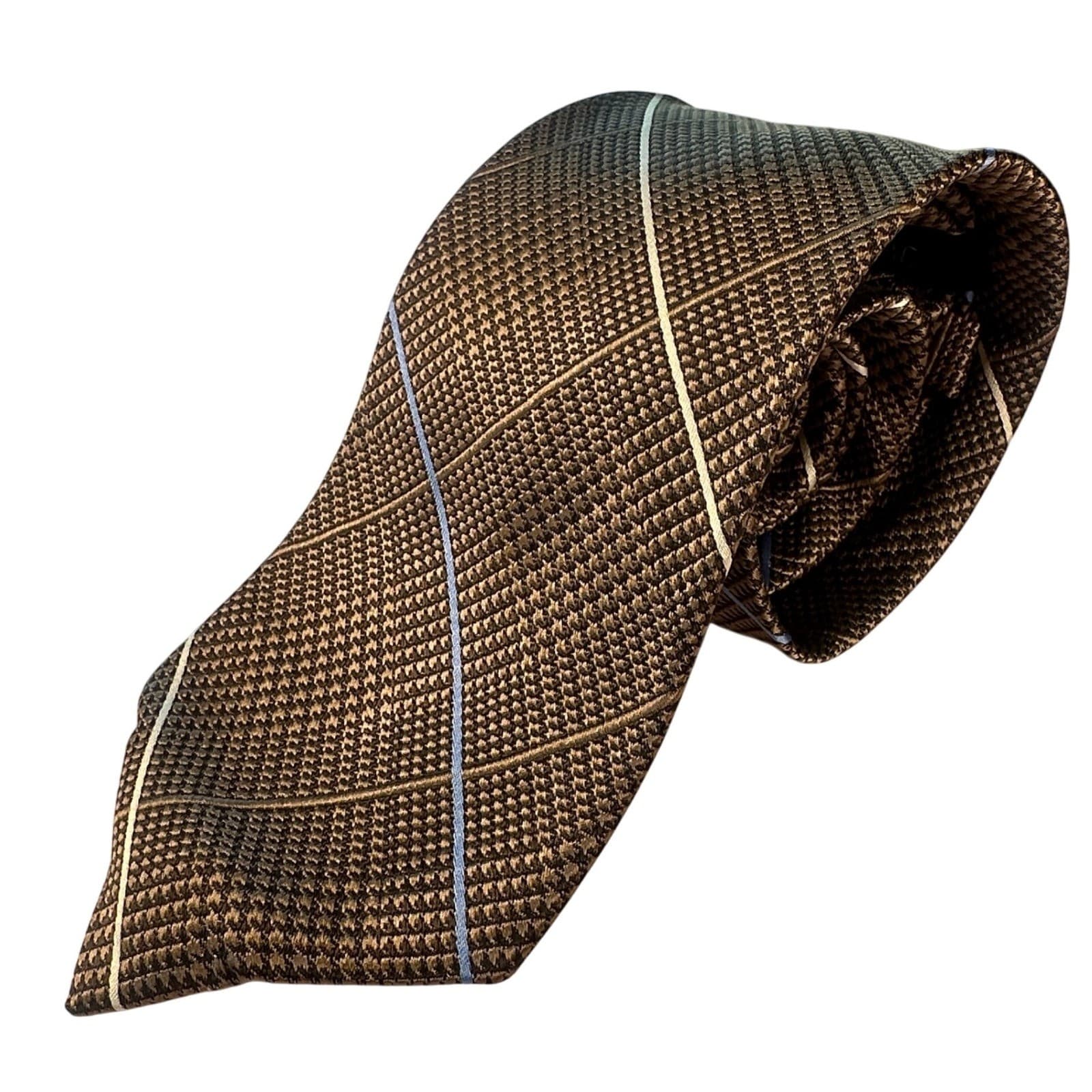 Paul Fredrick Mens Silk Plaid Necktie Brown Blue White Formal Business NWT - Thumbnail 2