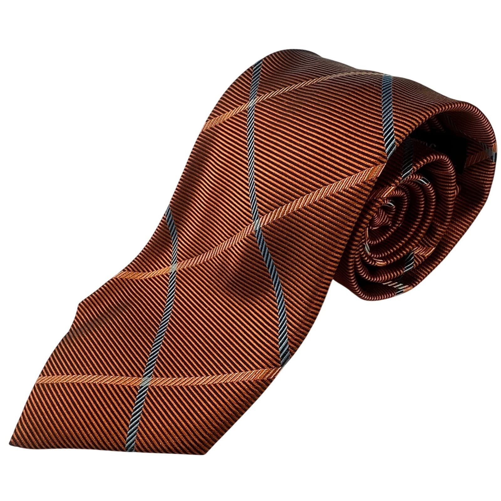 Paul Fredrick Mens Silk Plaid Necktie Brown Blue Tan NWT - Thumbnail 2