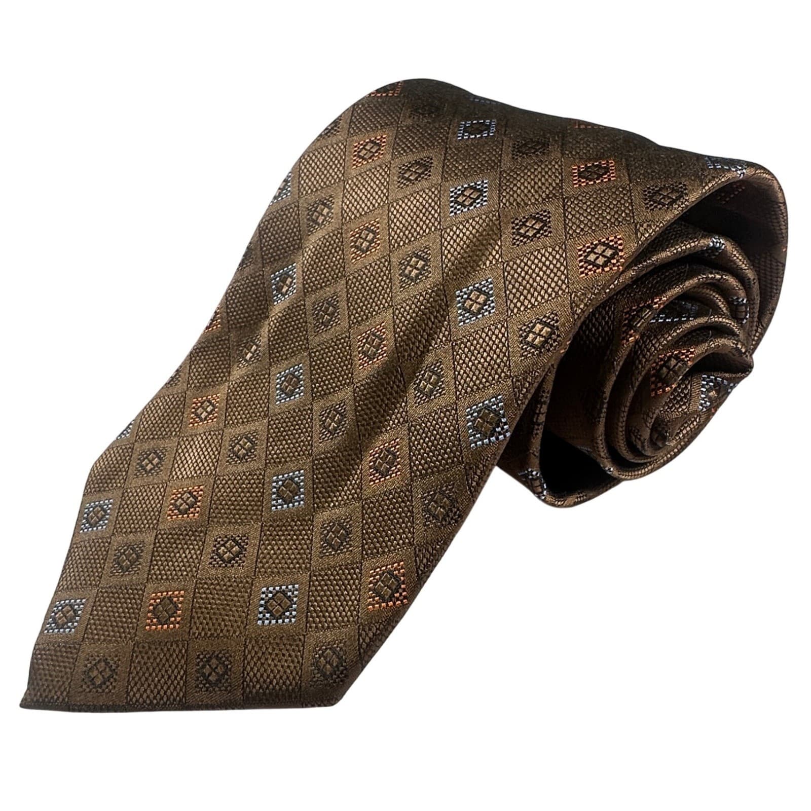 Paul Fredrick Mens Italian Silk Hand Tailored Tie Brown Diamond Pattern NWT - Thumbnail 2