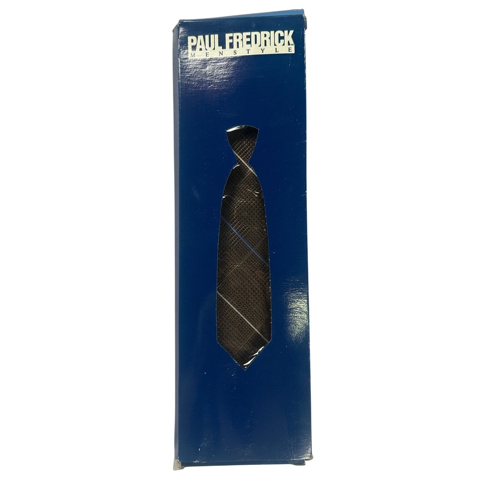 Paul Fredrick Mens Silk Plaid Necktie Brown Blue White Formal Business NWT - Thumbnail 6