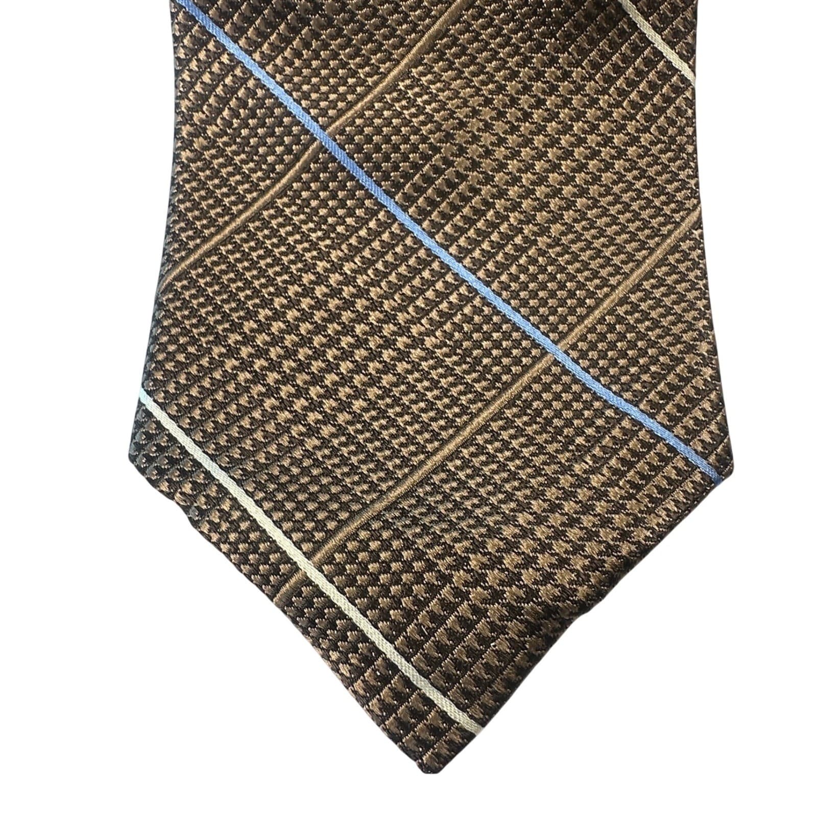 Paul Fredrick Mens Silk Plaid Necktie Brown Blue White Formal Business NWT - Thumbnail 3
