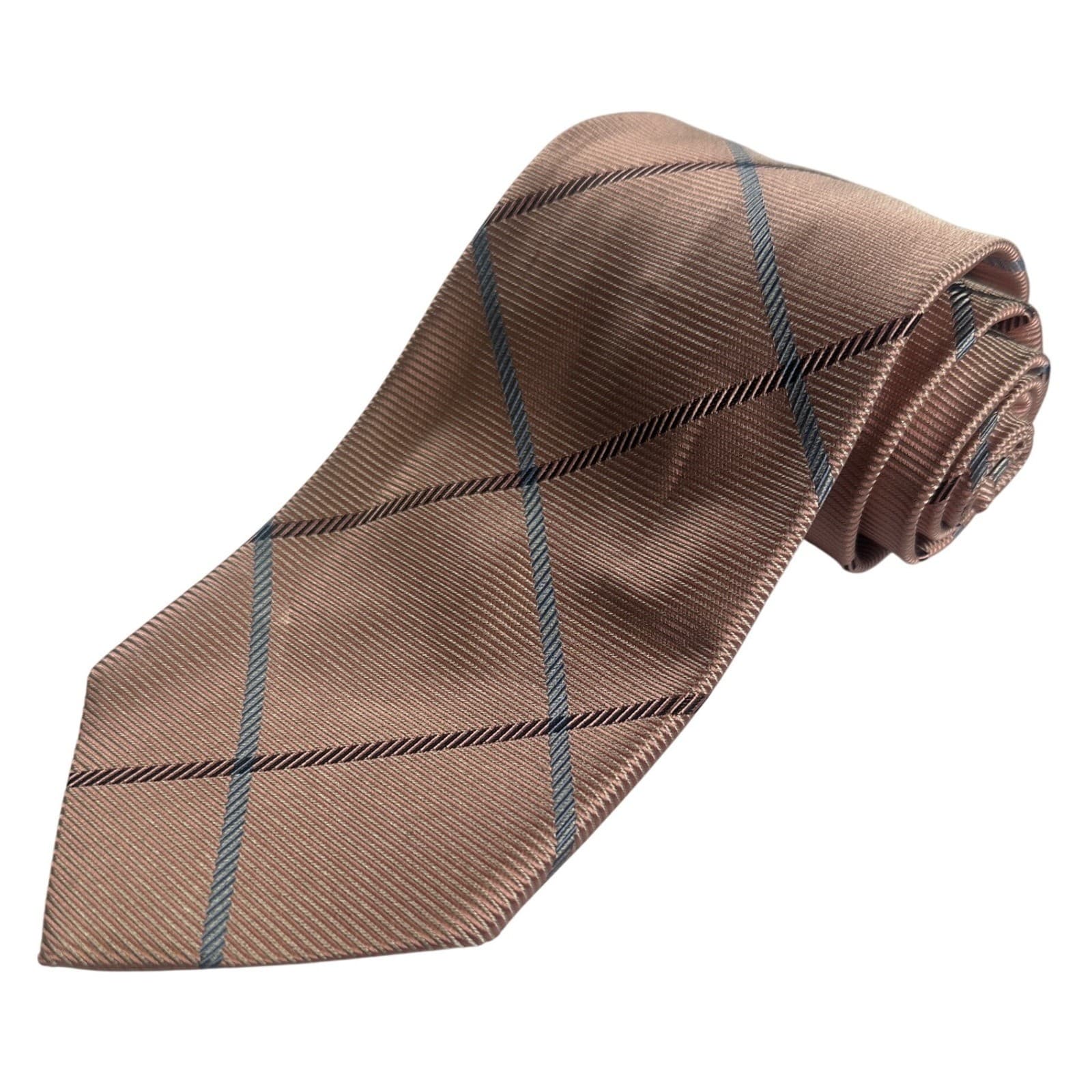 Paul Fredrick Mens Italian Silk Tie Pink Tan Blue Plaid Formal Necktie NWT - Thumbnail 2