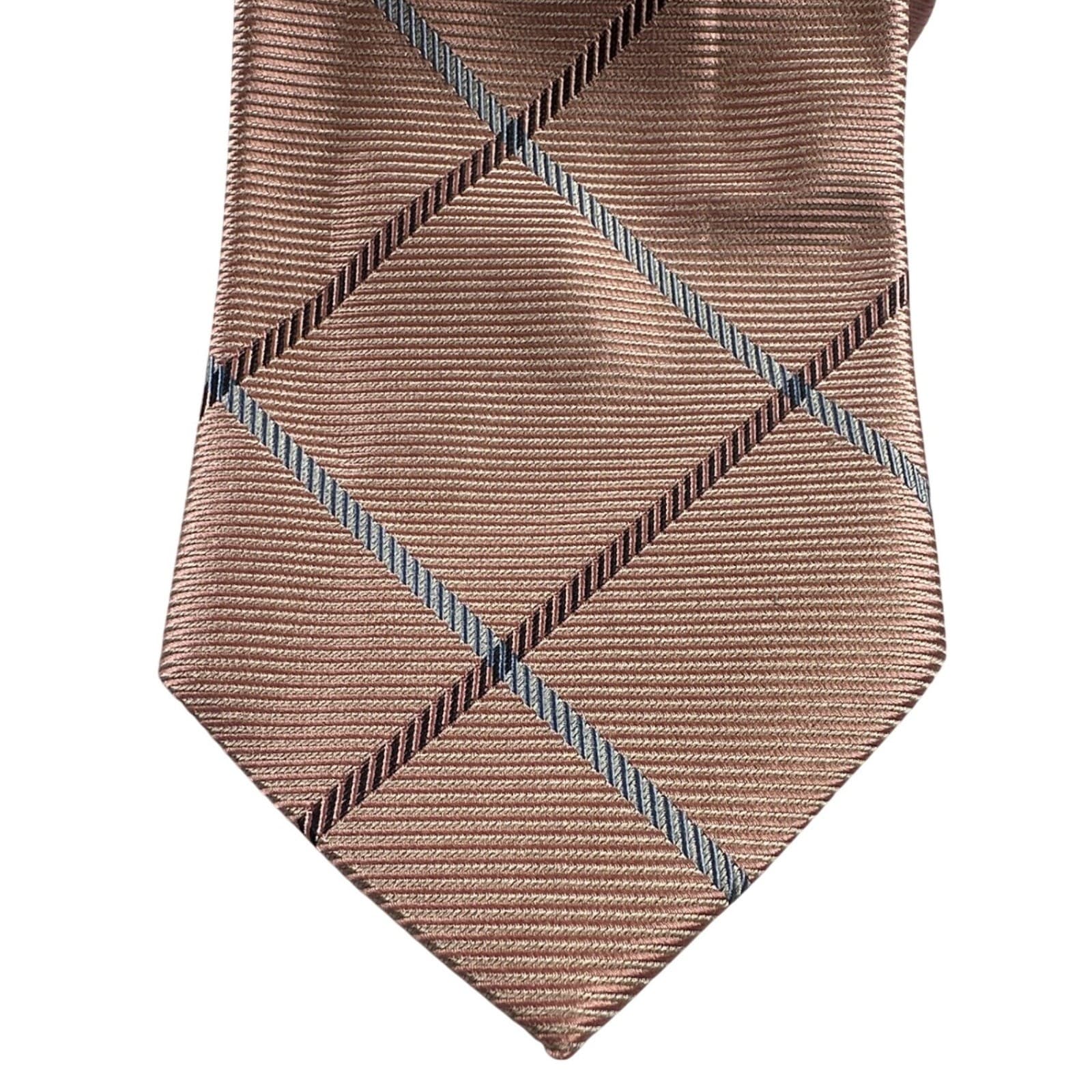 Paul Fredrick Mens Italian Silk Tie Pink Tan Blue Plaid Formal Necktie NWT - Thumbnail 3