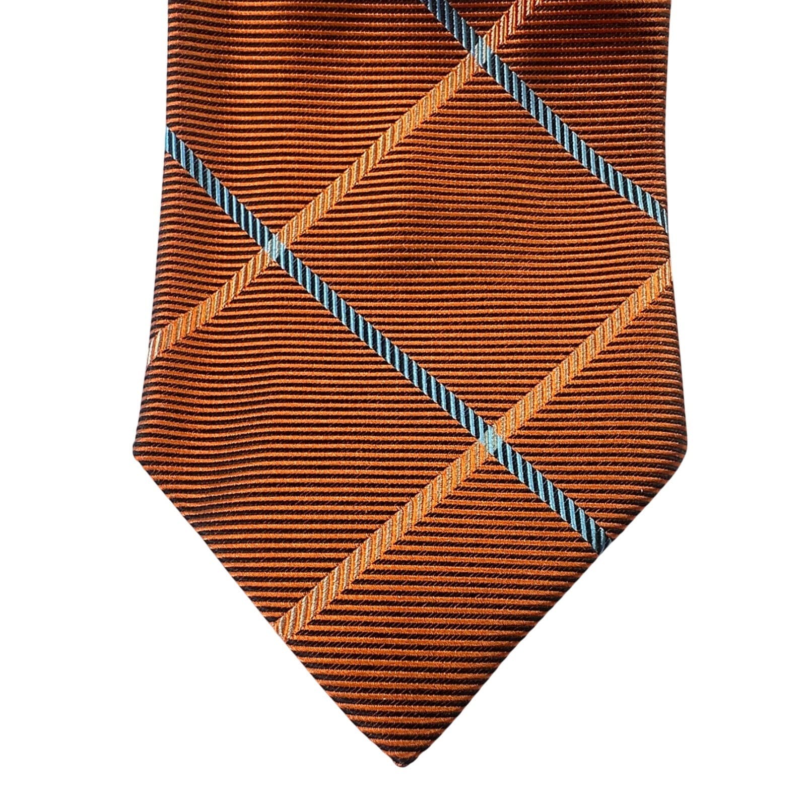 Paul Fredrick Mens Silk Plaid Necktie Brown Blue Tan NWT - Thumbnail 3