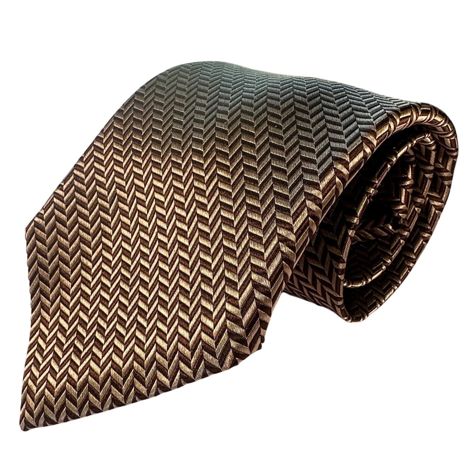 Paul Fredrick Mens Silk Tie Herringbone Pattern Gold Brown Formal NWT - Thumbnail 2