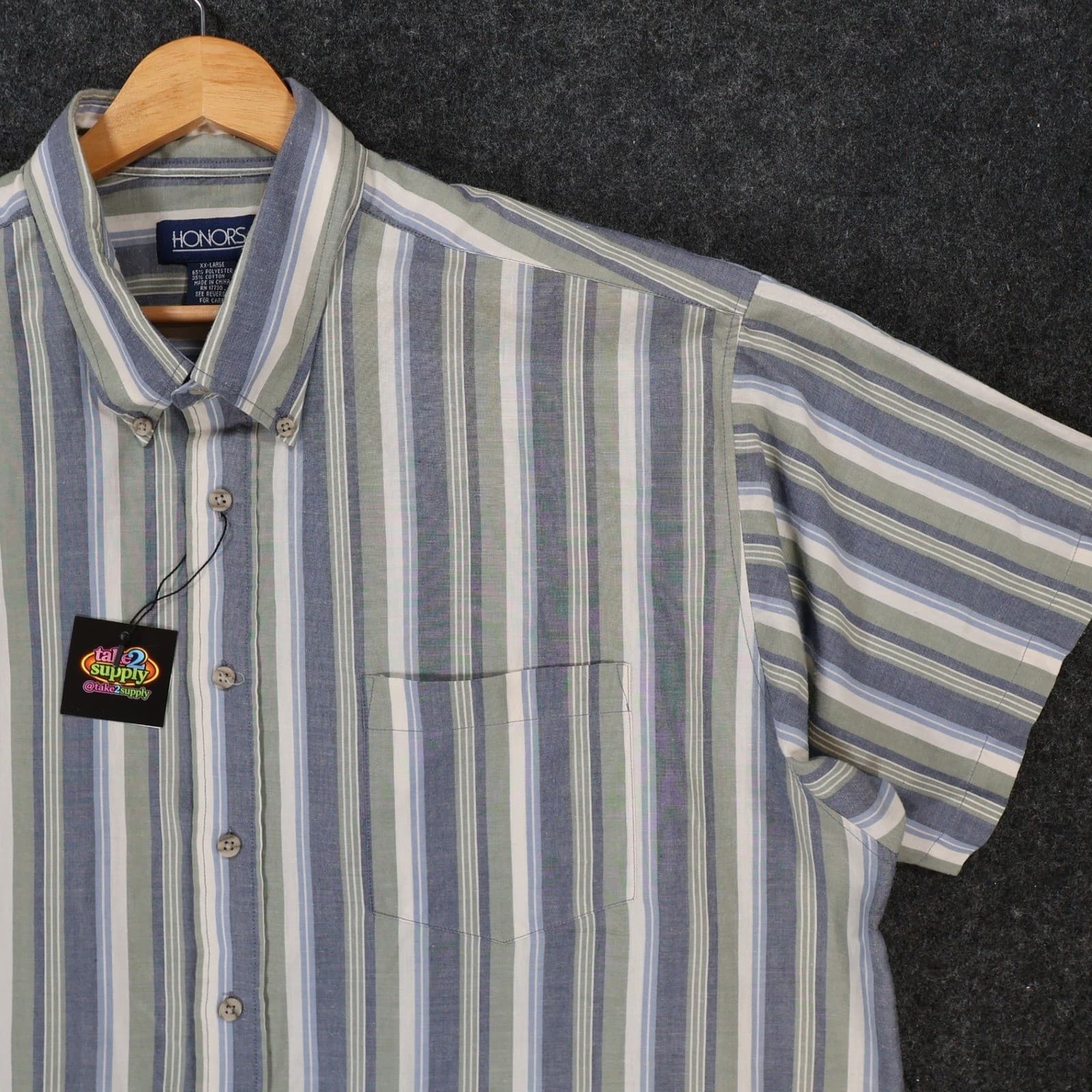 Honors Button Up Mens XXL Blue Excellent Vintage Striped Short Sleeve Shirt - Thumbnail 9