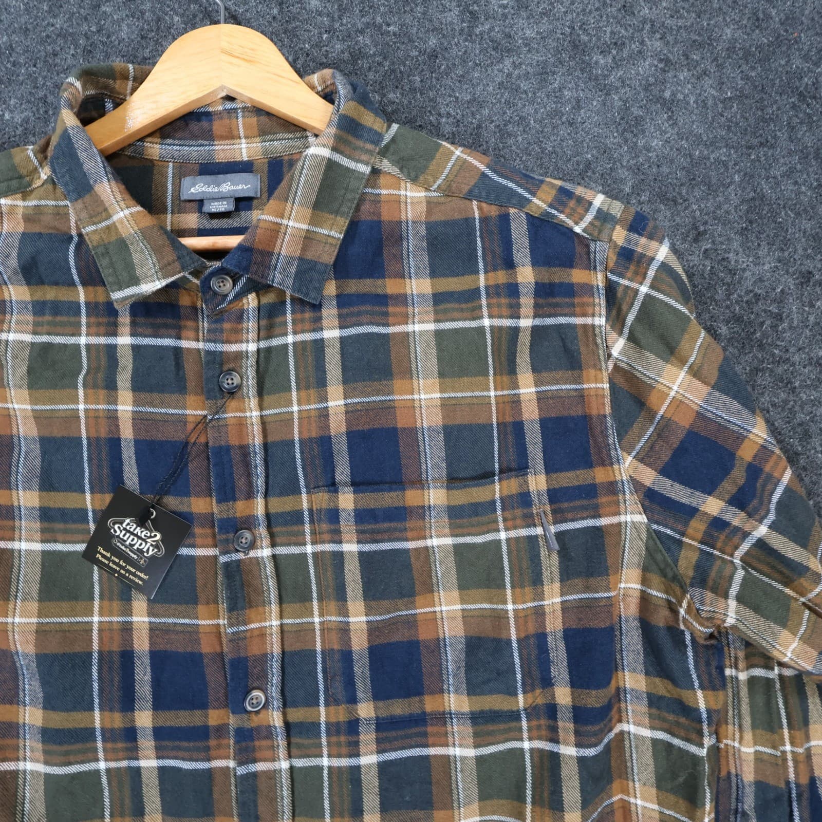 Eddie Bauer Flannel Mens XL Blue Brown Excellent Plaid Cotton Button Up - Thumbnail 10