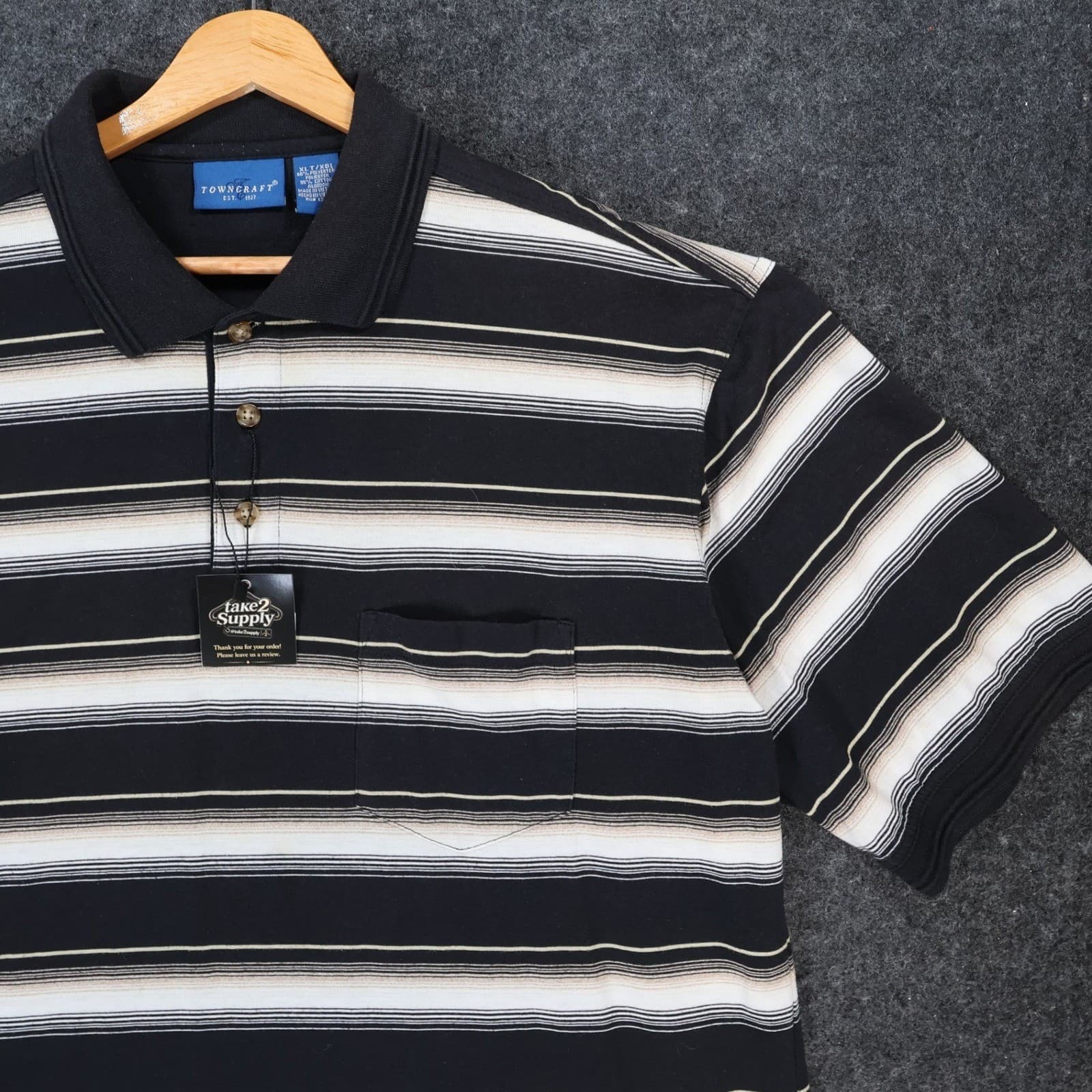 Towncraft Polo Mens XLT Black Excellent Striped Pocket Short Sleeve - Thumbnail 9