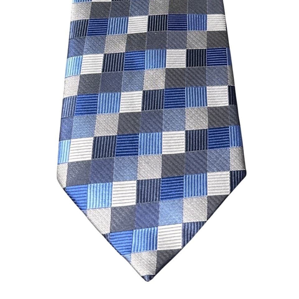 Bergamo New York Mens Blue Grey Plaid Silk Necktie Tie - Thumbnail 3
