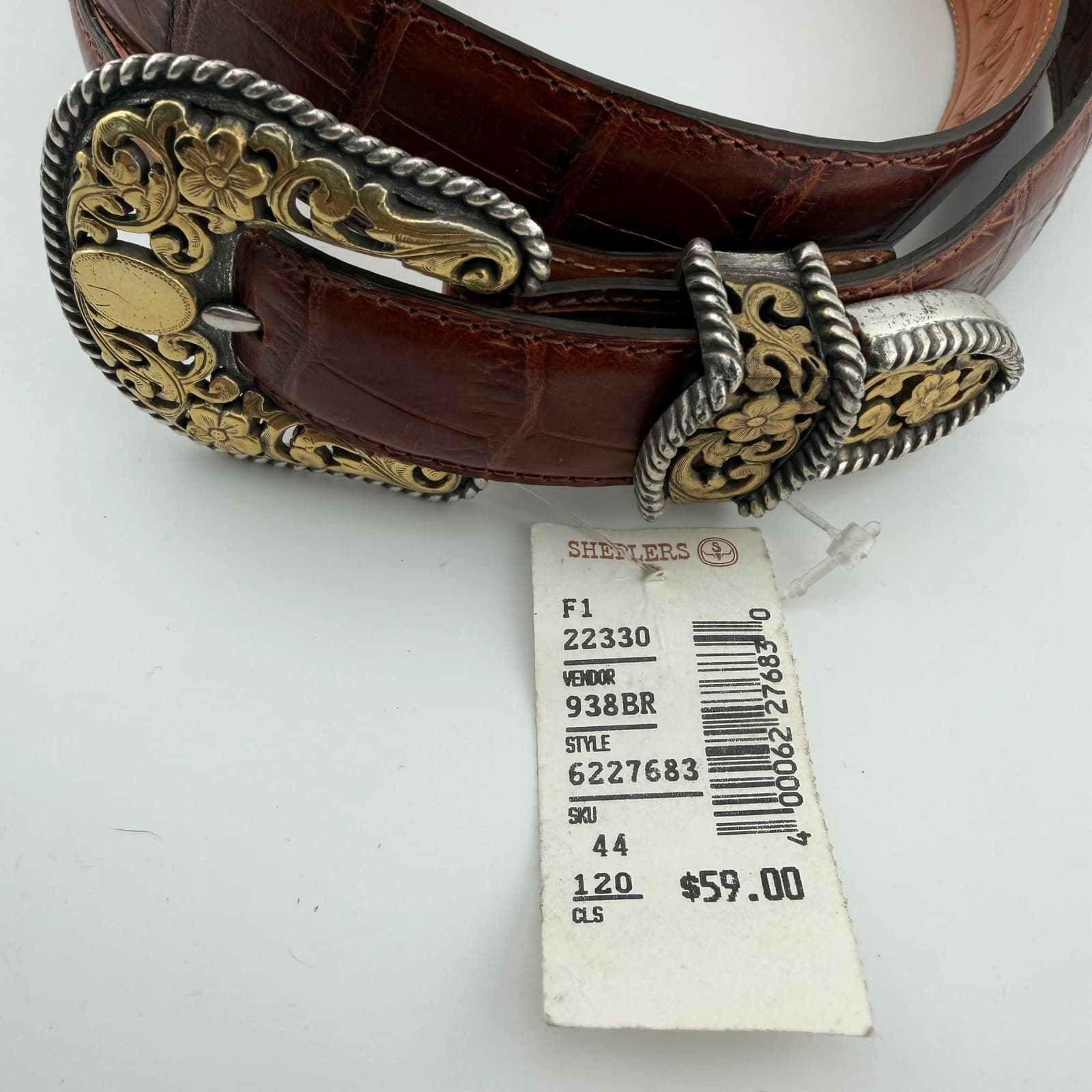 Justin Western Belt Mens 44 Brown Leather Caiman Print Filigree Buckle 50in - Thumbnail 2