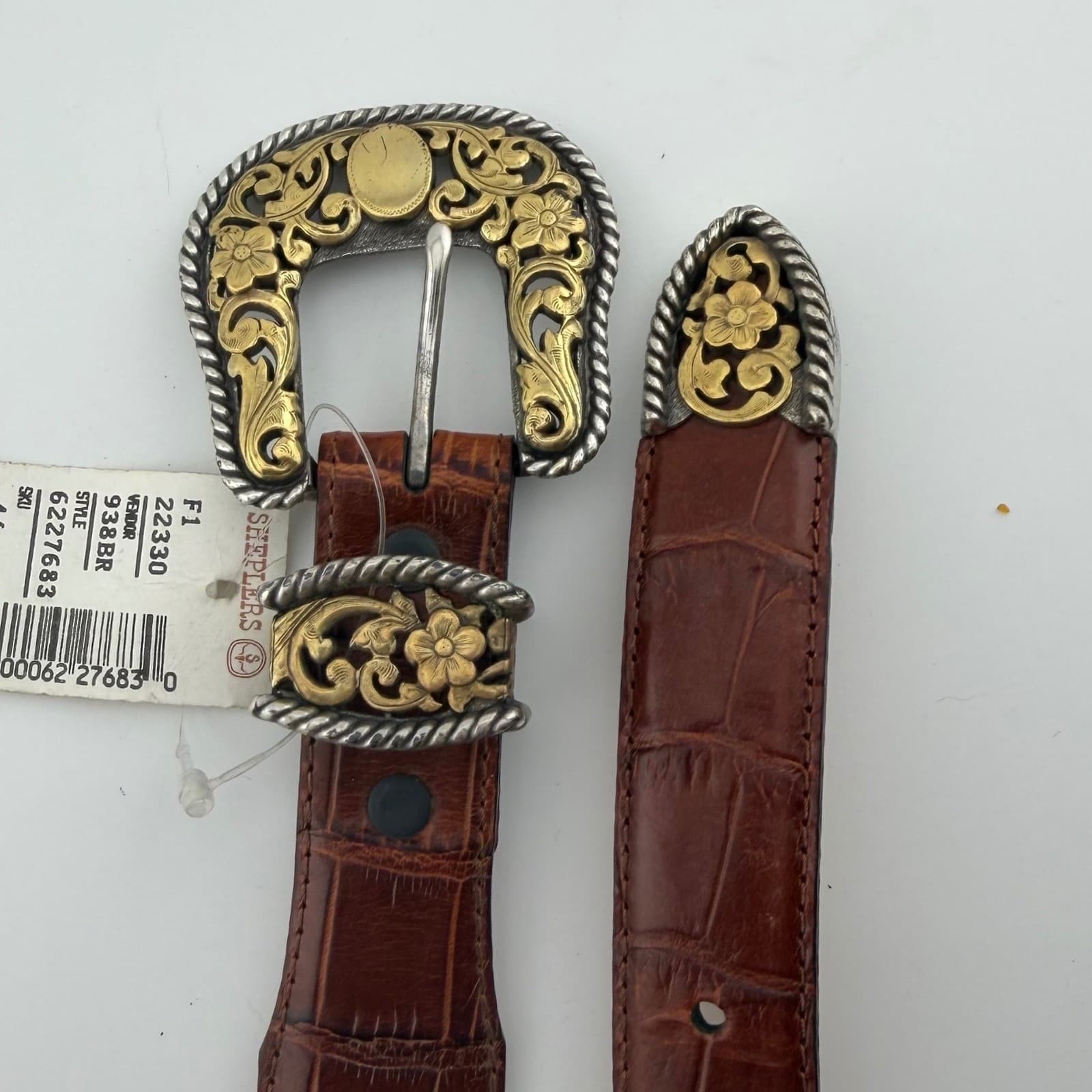 Justin Western Belt Mens 44 Brown Leather Caiman Print Filigree Buckle 50in - Thumbnail 3