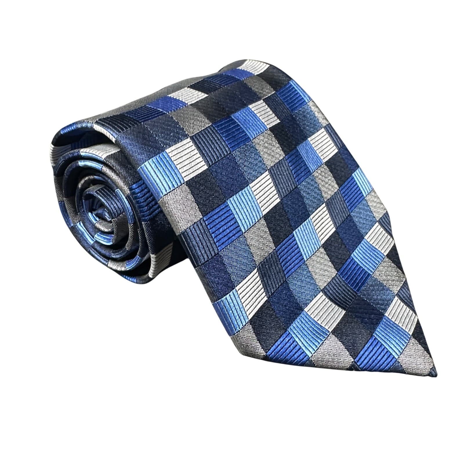 Bergamo New York Mens Blue Grey Plaid Silk Necktie Tie - Thumbnail 2