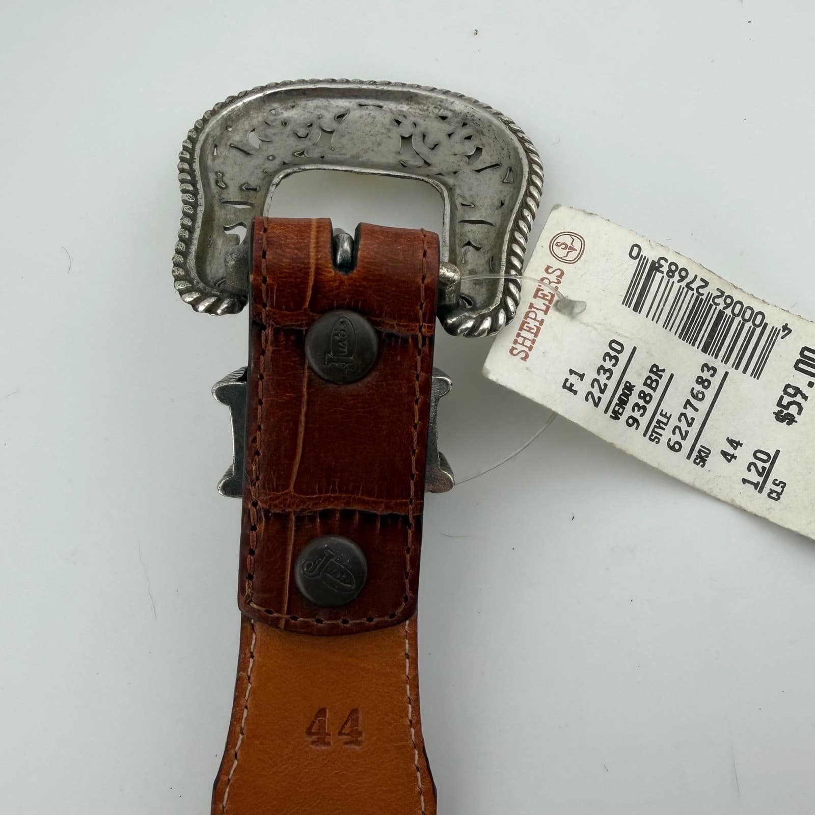 Justin Western Belt Mens 44 Brown Leather Caiman Print Filigree Buckle 50in - Thumbnail 6