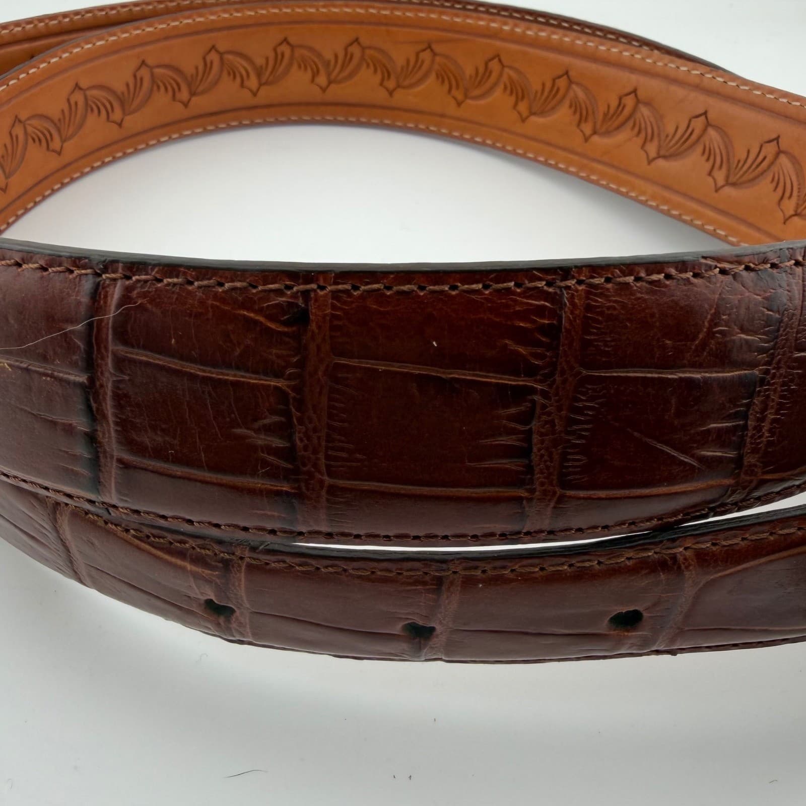 Justin Western Belt Mens 44 Brown Leather Caiman Print Filigree Buckle 50in - Thumbnail 4