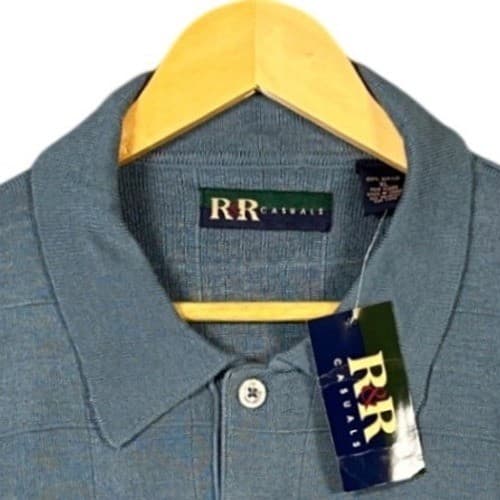 RR Casuals Men's XL Blue Plaid Knit Polo Shirt Short Sleeve - Thumbnail 5