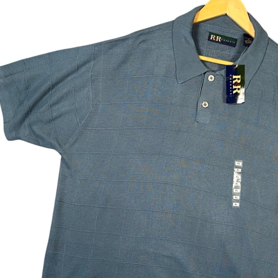 RR Casuals Men's XL Blue Plaid Knit Polo Shirt Short Sleeve - Thumbnail 3