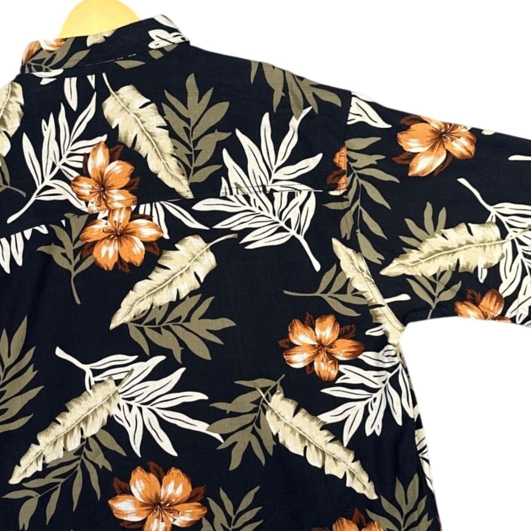 Island Republic Mens XL Hawaiian Shirt Black Floral Leaf Print Short Sleeve Silk - Thumbnail 5