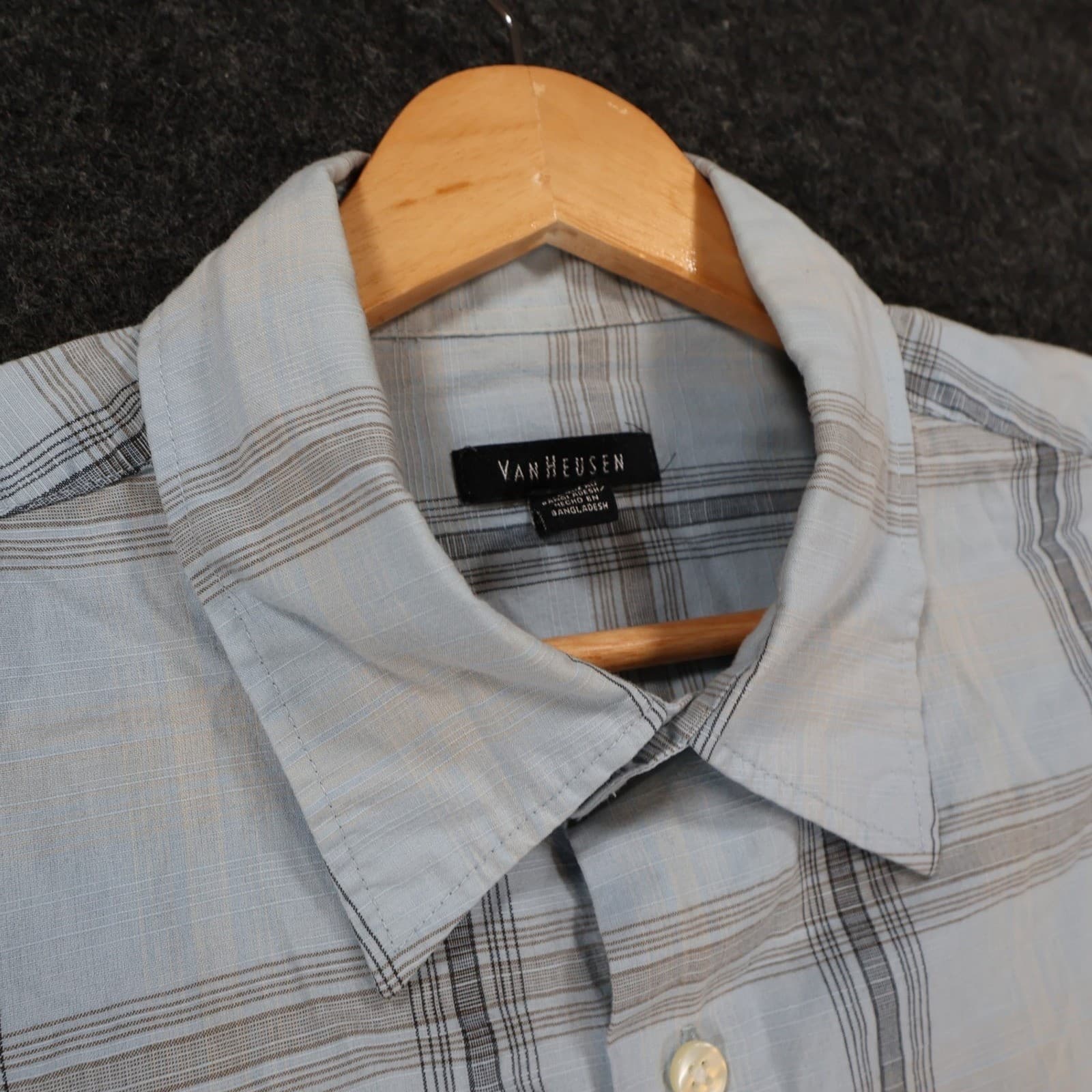 Van Heusen Button Up Mens Large Blue Excellent Plaid Short Sleeve - Thumbnail 9