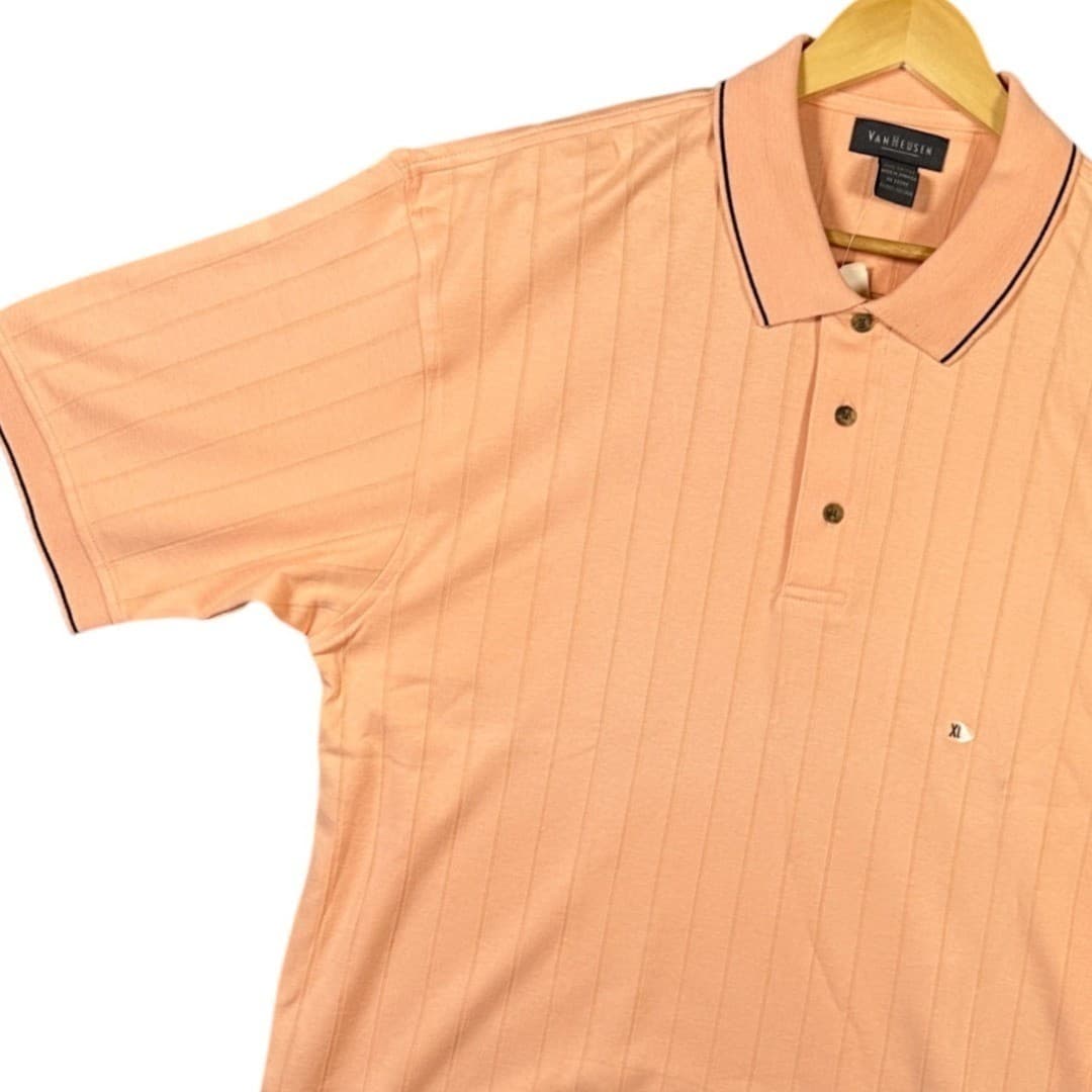 Van Heusen Mens Peach Pinstripe Short Sleeve Polo Shirt XL - Thumbnail 3