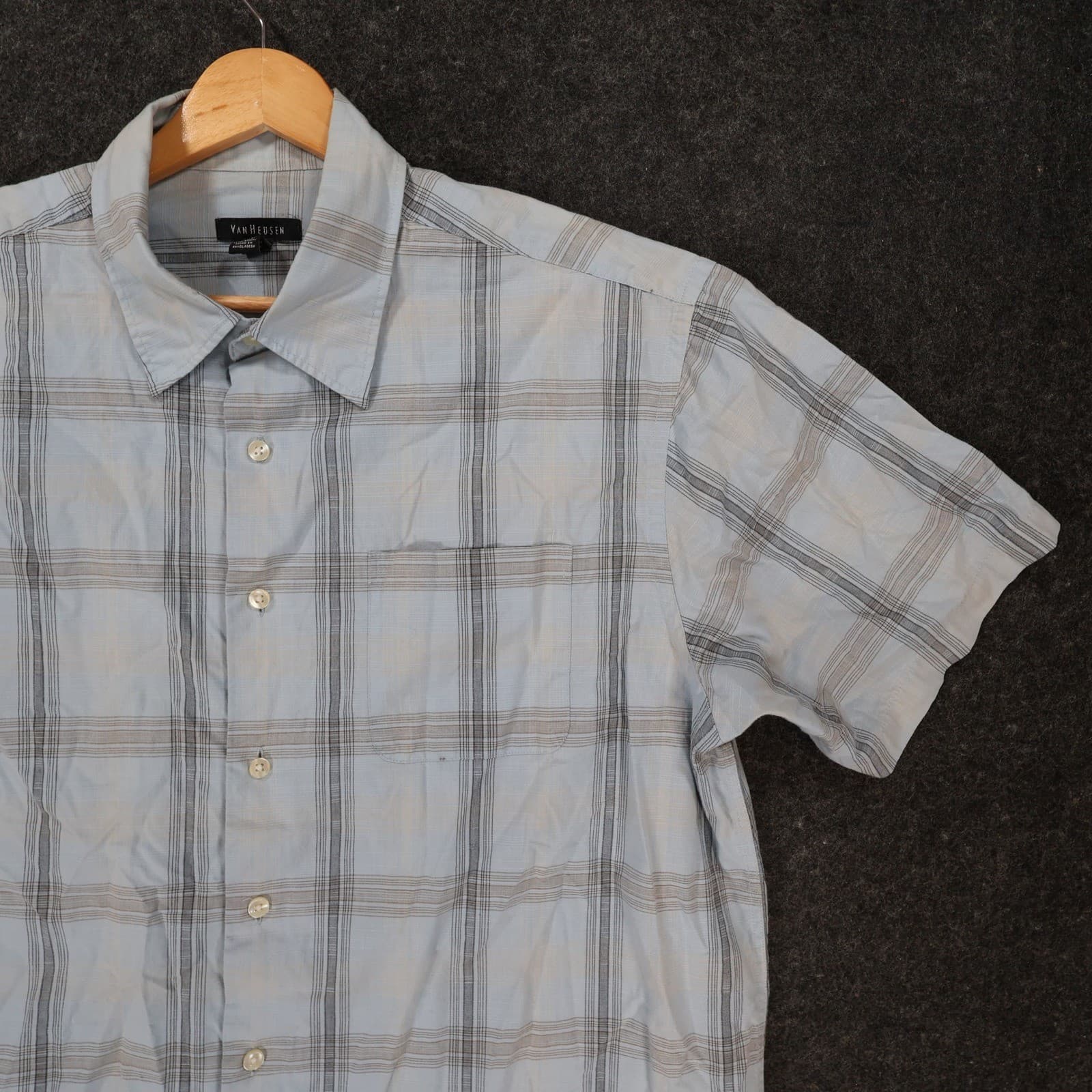 Van Heusen Button Up Mens Large Blue Excellent Plaid Short Sleeve - Thumbnail 10