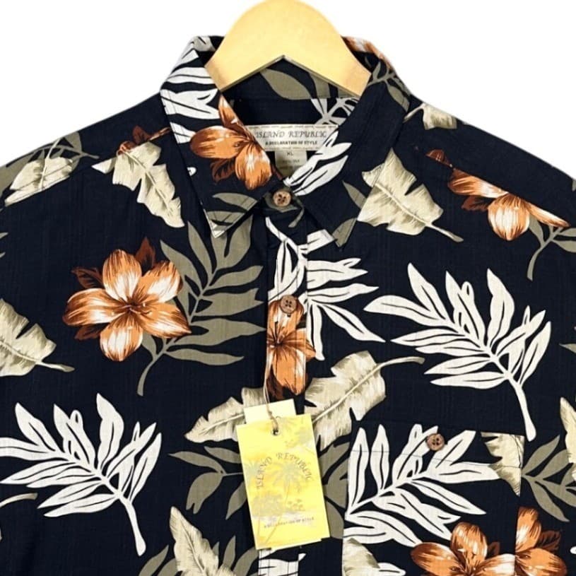 Island Republic Mens XL Hawaiian Shirt Black Floral Leaf Print Short Sleeve Silk - Thumbnail 4