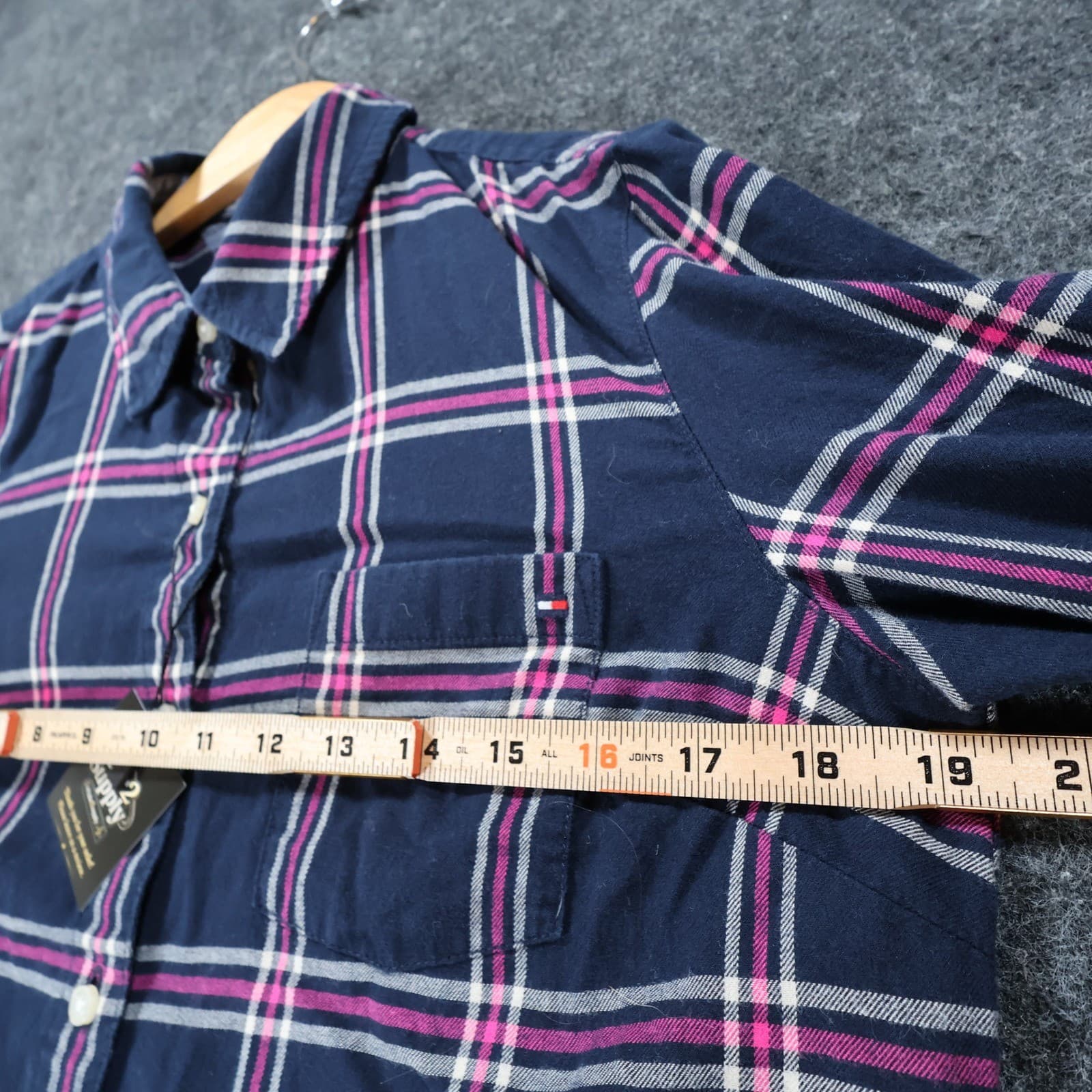 Tommy Hilfiger Button Up Womens Small Navy Blue Excellent Plaid Long Sleeve - Thumbnail 3