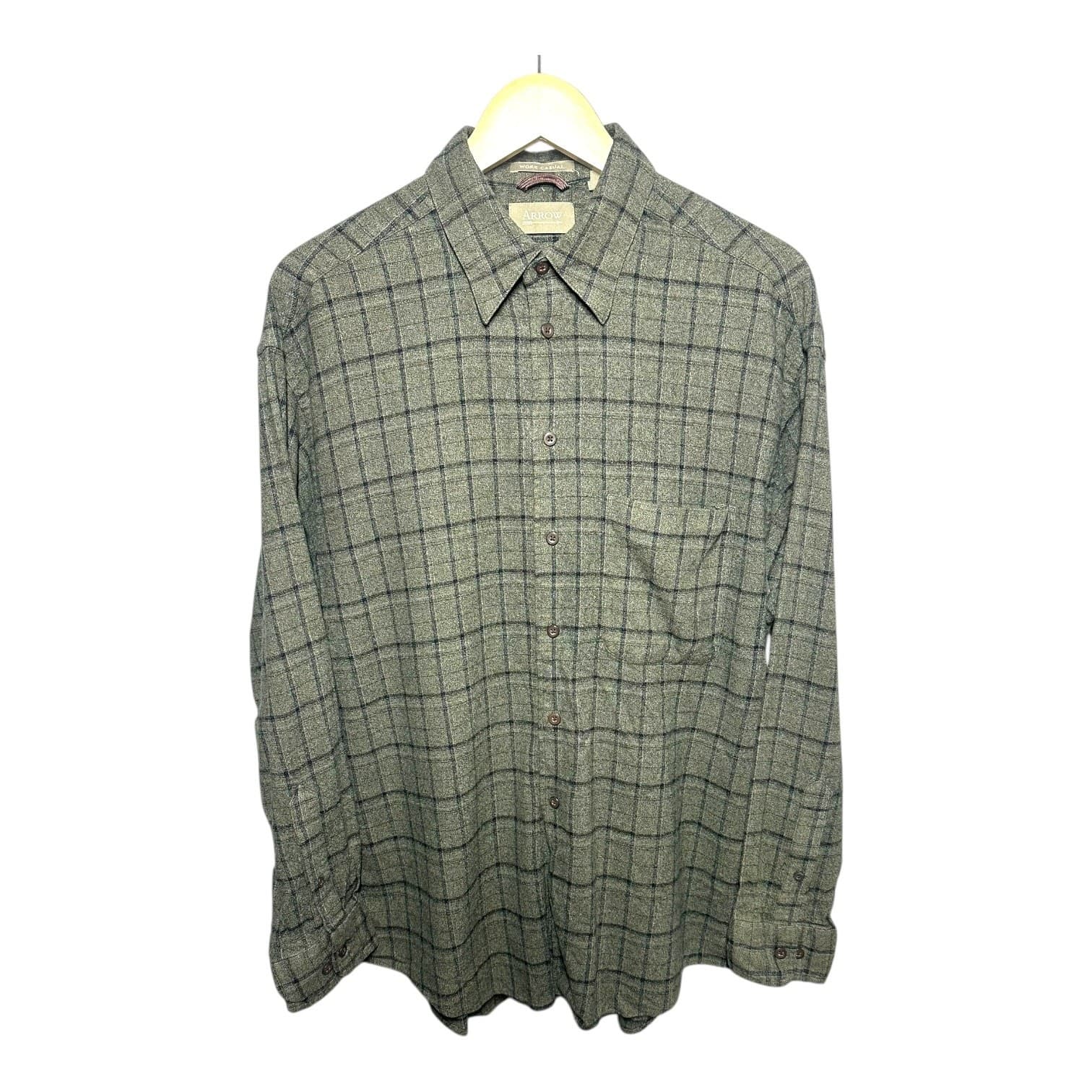 Arrow Men's L Olive Green Grid Plaid Flannel Button Up Shirt Work Casual - Thumbnail 2