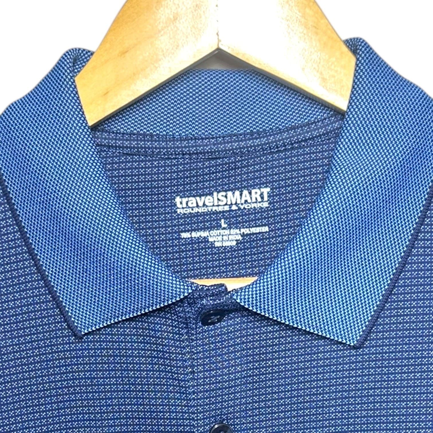 Roundtree & Yorke travelSMART Men's L Blue Textured Polo Shirt - Thumbnail 6