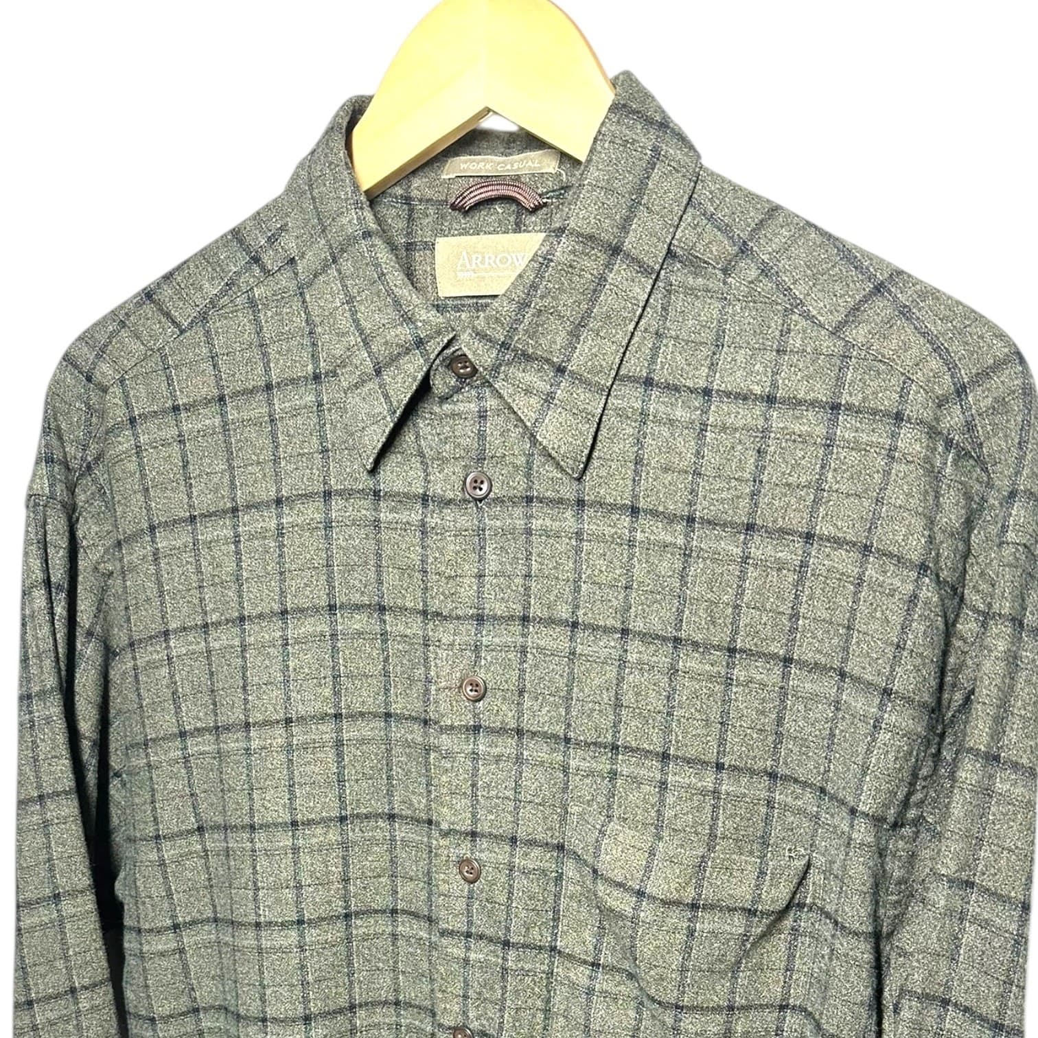 Arrow Men's L Olive Green Grid Plaid Flannel Button Up Shirt Work Casual - Thumbnail 4