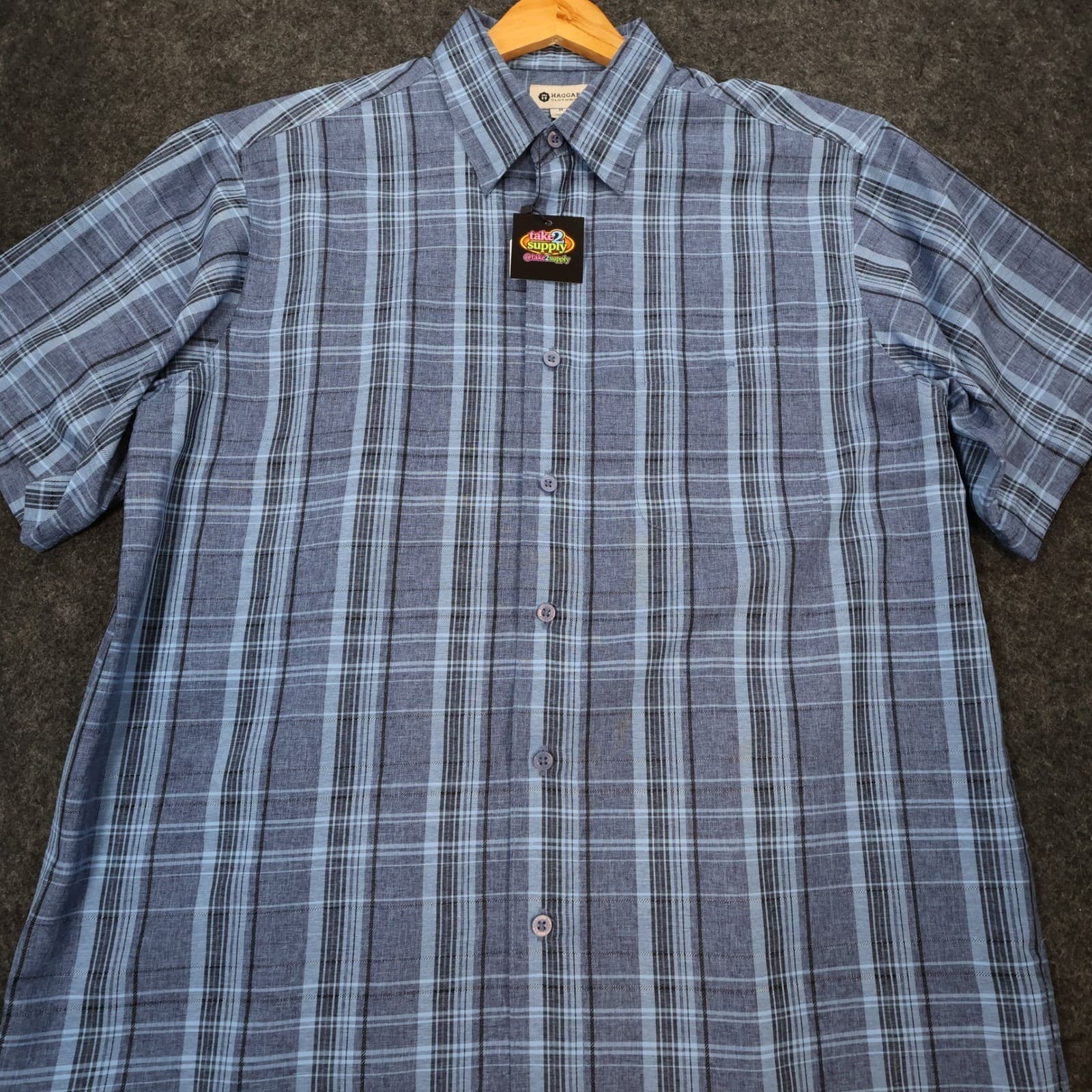 Haggar Button Up Shirt Mens Medium Blue Excellent Plaid Short Sleeve Polyester - Thumbnail 9