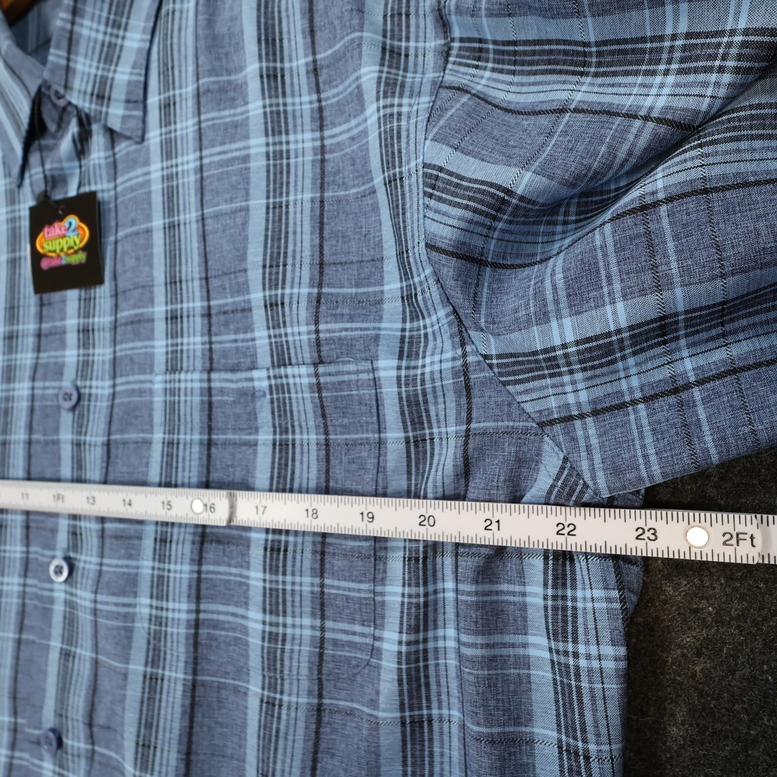 Haggar Button Up Shirt Mens Medium Blue Excellent Plaid Short Sleeve Polyester - Thumbnail 4
