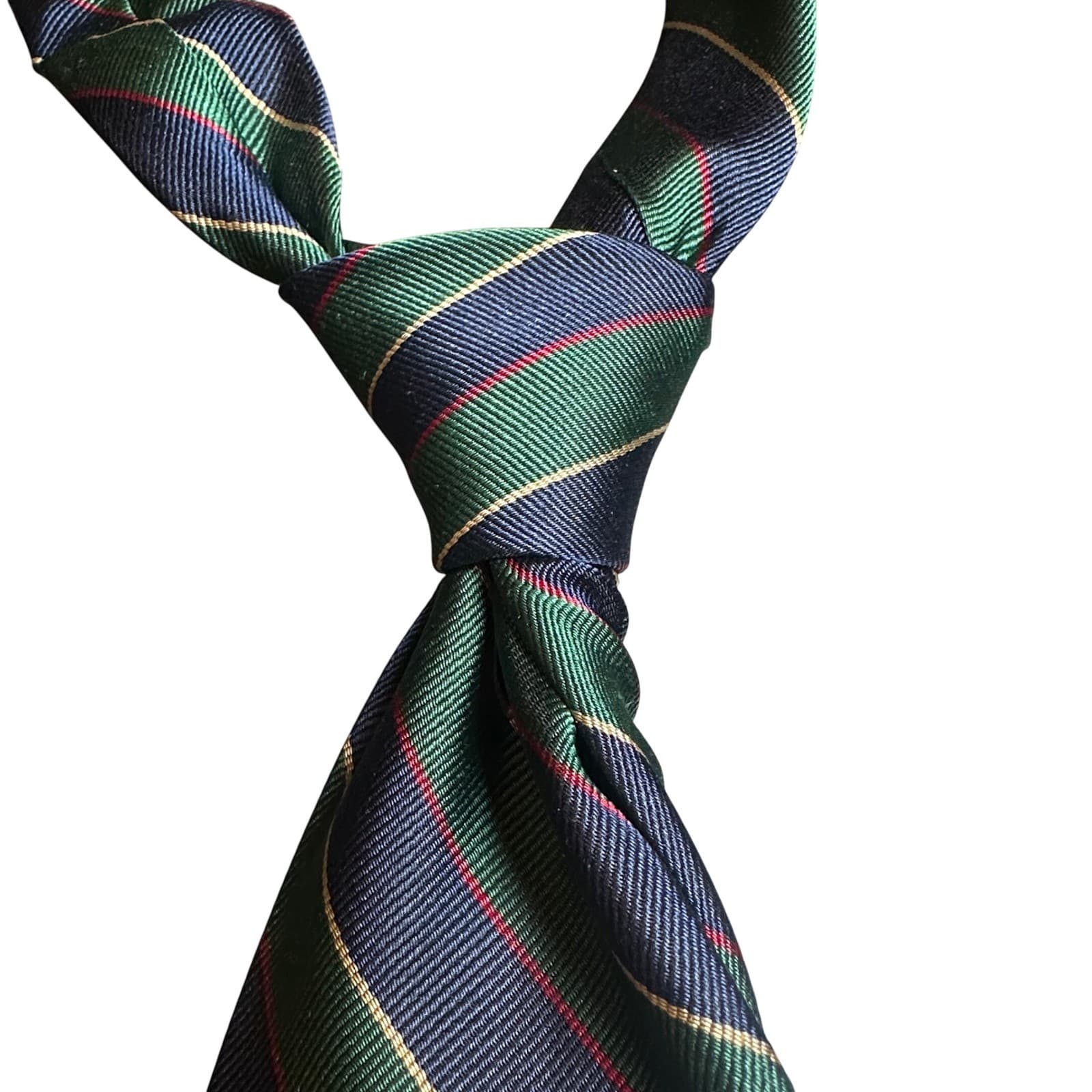 Hathaway Necktie Mens 60" Green Navy Gold Striped Excellent Silk Hand Made Tie - Thumbnail 2