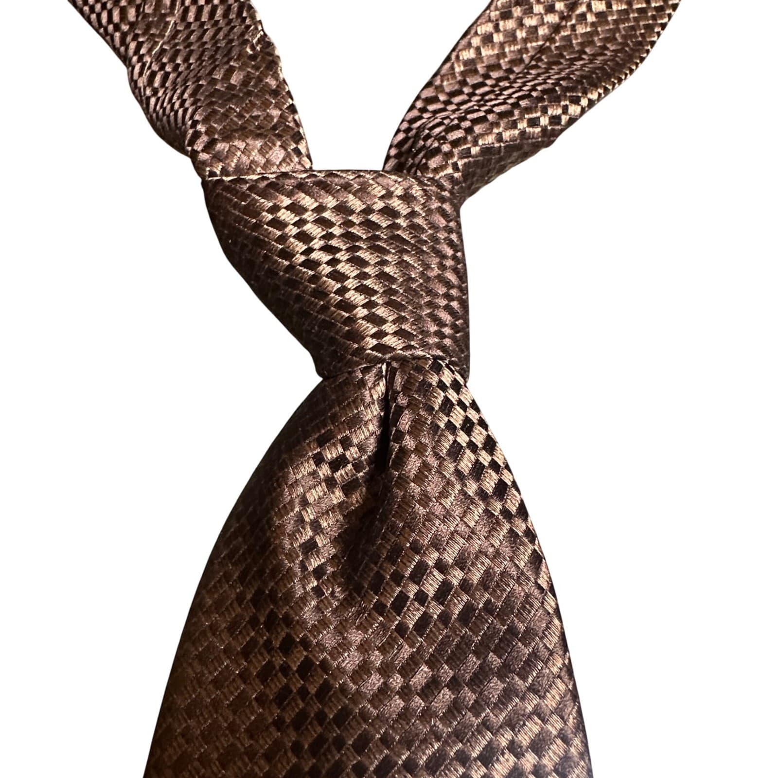 Nubio Necktie Mens 58" Bronze Brown Excellent Silk Woven Checkerboard Pattern - Thumbnail 2