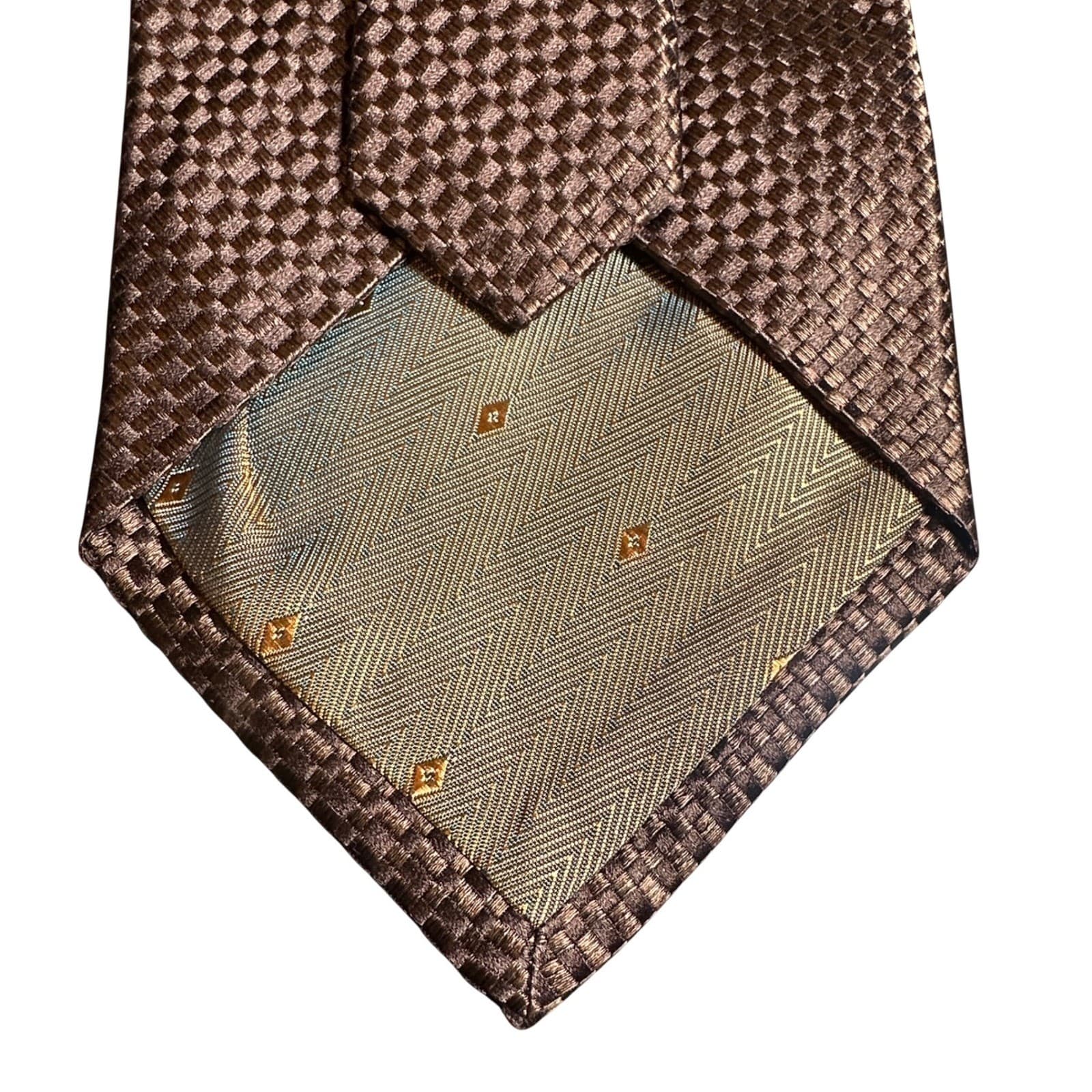 Nubio Necktie Mens 58" Bronze Brown Excellent Silk Woven Checkerboard Pattern - Thumbnail 4