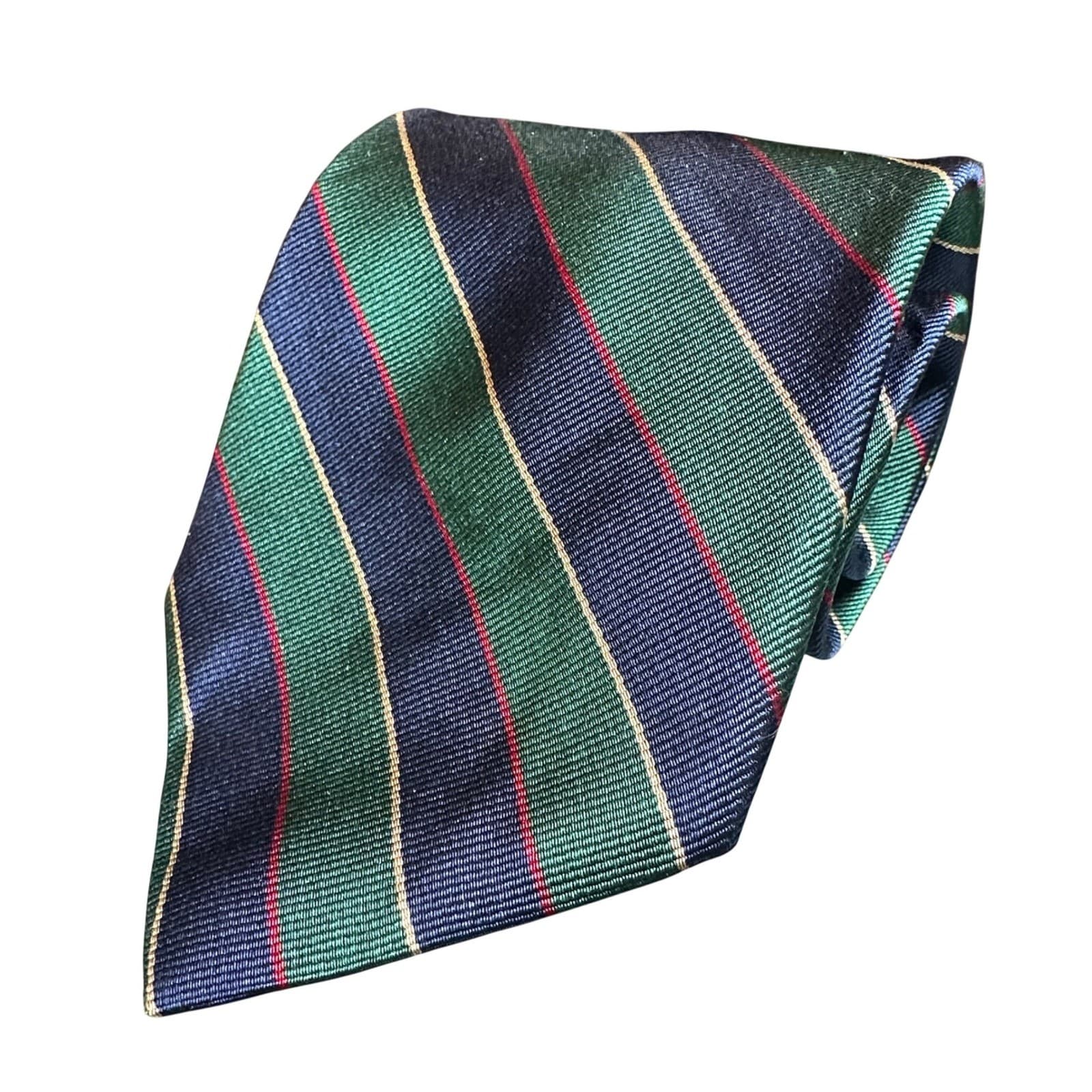 Hathaway Necktie Mens 60" Green Navy Gold Striped Excellent Silk Hand Made Tie - Thumbnail 6