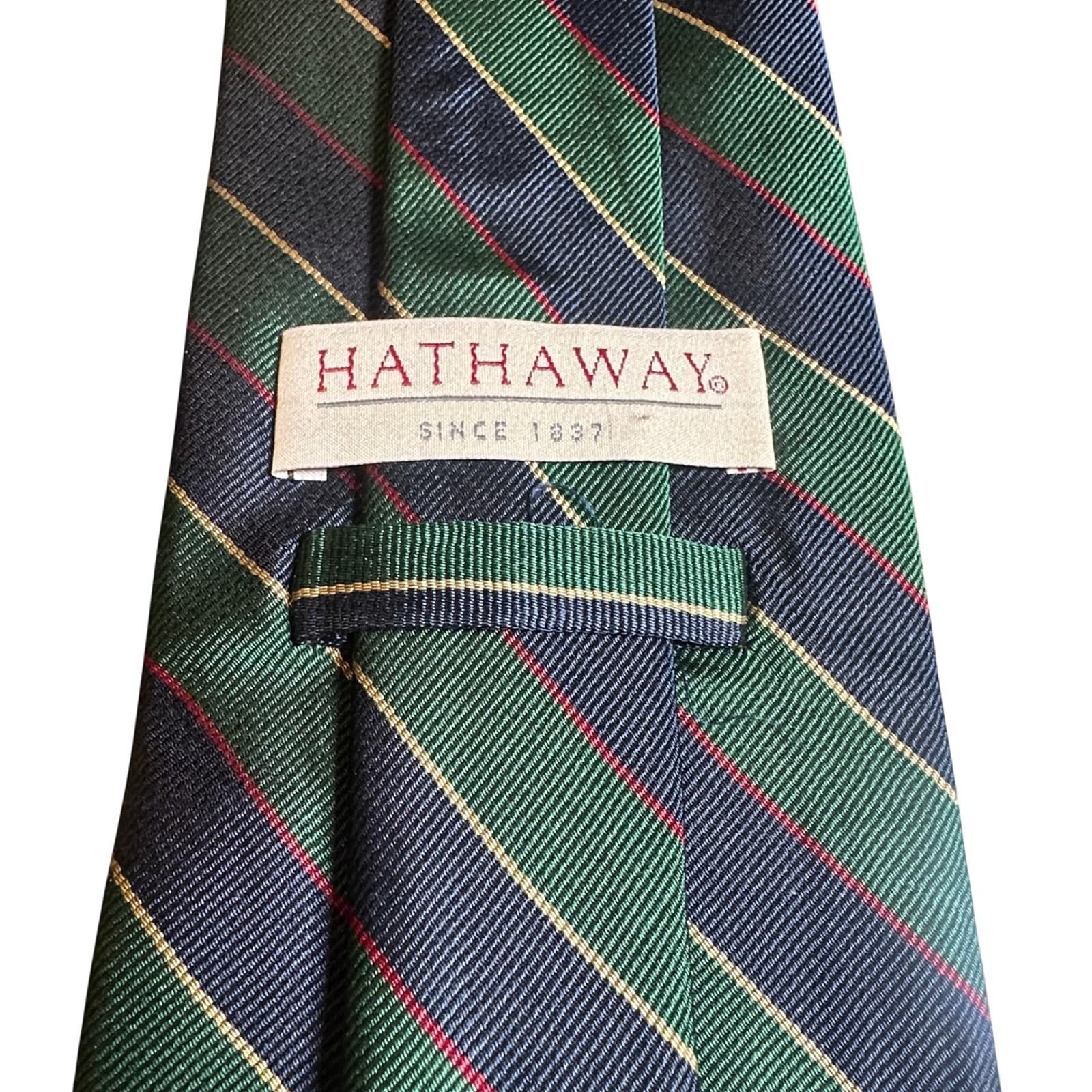 Hathaway Necktie Mens 60" Green Navy Gold Striped Excellent Silk Hand Made Tie - Thumbnail 7