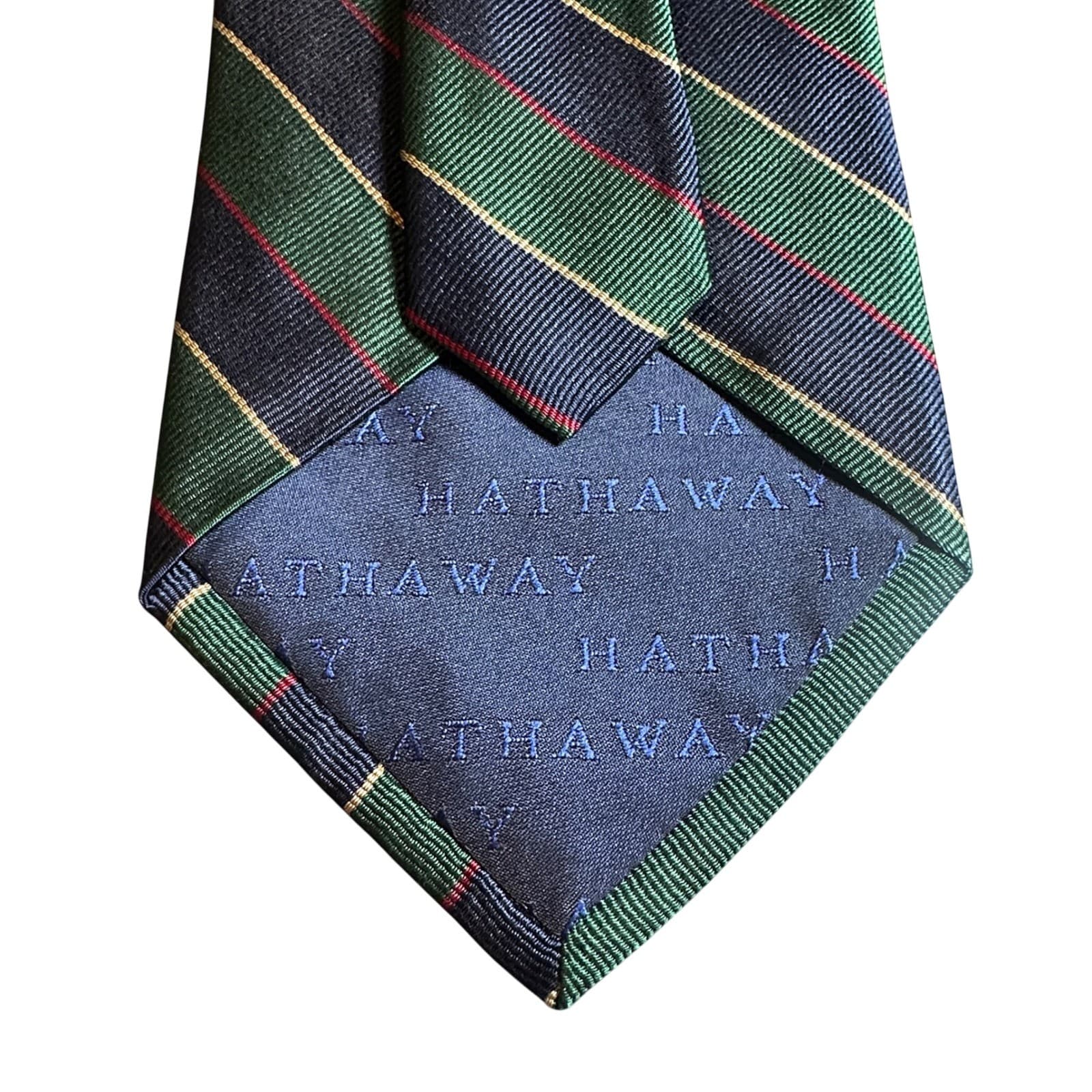 Hathaway Necktie Mens 60" Green Navy Gold Striped Excellent Silk Hand Made Tie - Thumbnail 4