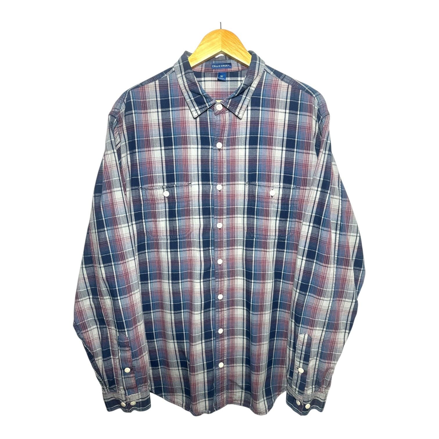 Falls Creek Men's XLT Blue Red Plaid Flannel Button Up Casual Shirt - Thumbnail 4