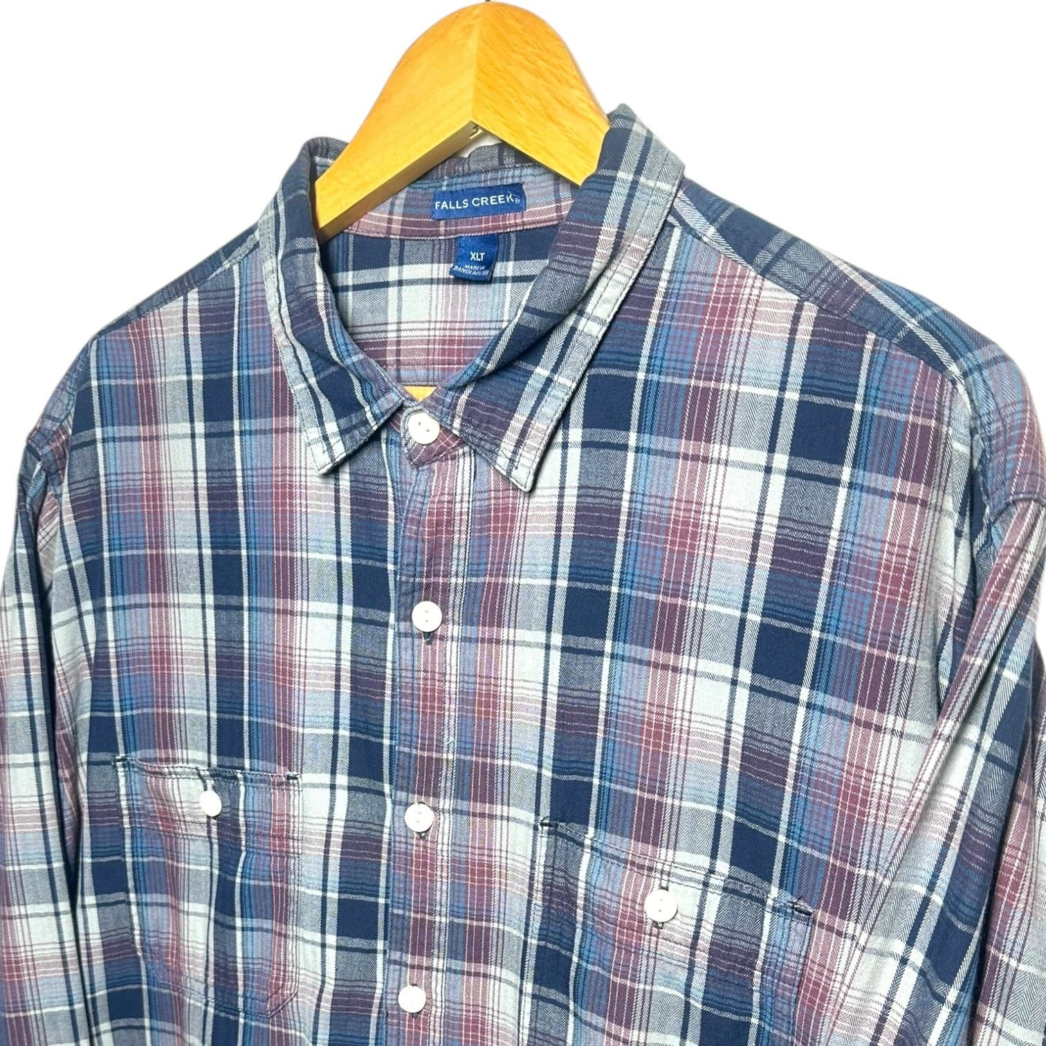 Falls Creek Men's XLT Blue Red Plaid Flannel Button Up Casual Shirt - Thumbnail 2